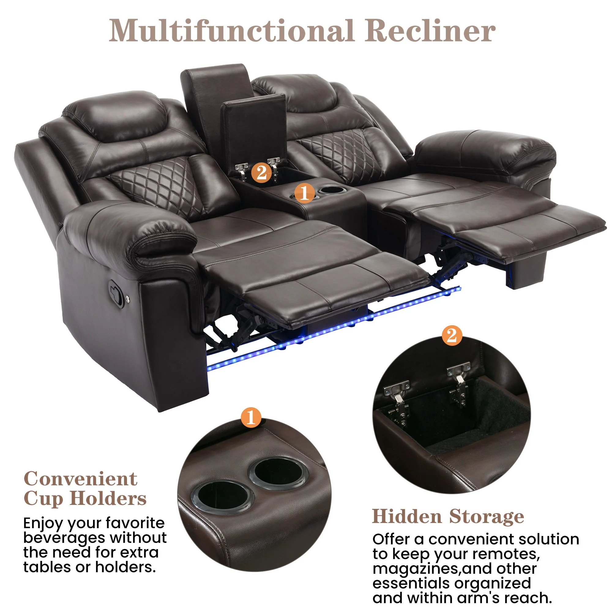 3 Pieces Recliner Sofa Sets Home Theater Seating Manual Recliner Chair With Center Console And LED Light Strip For Living Room - Image 10