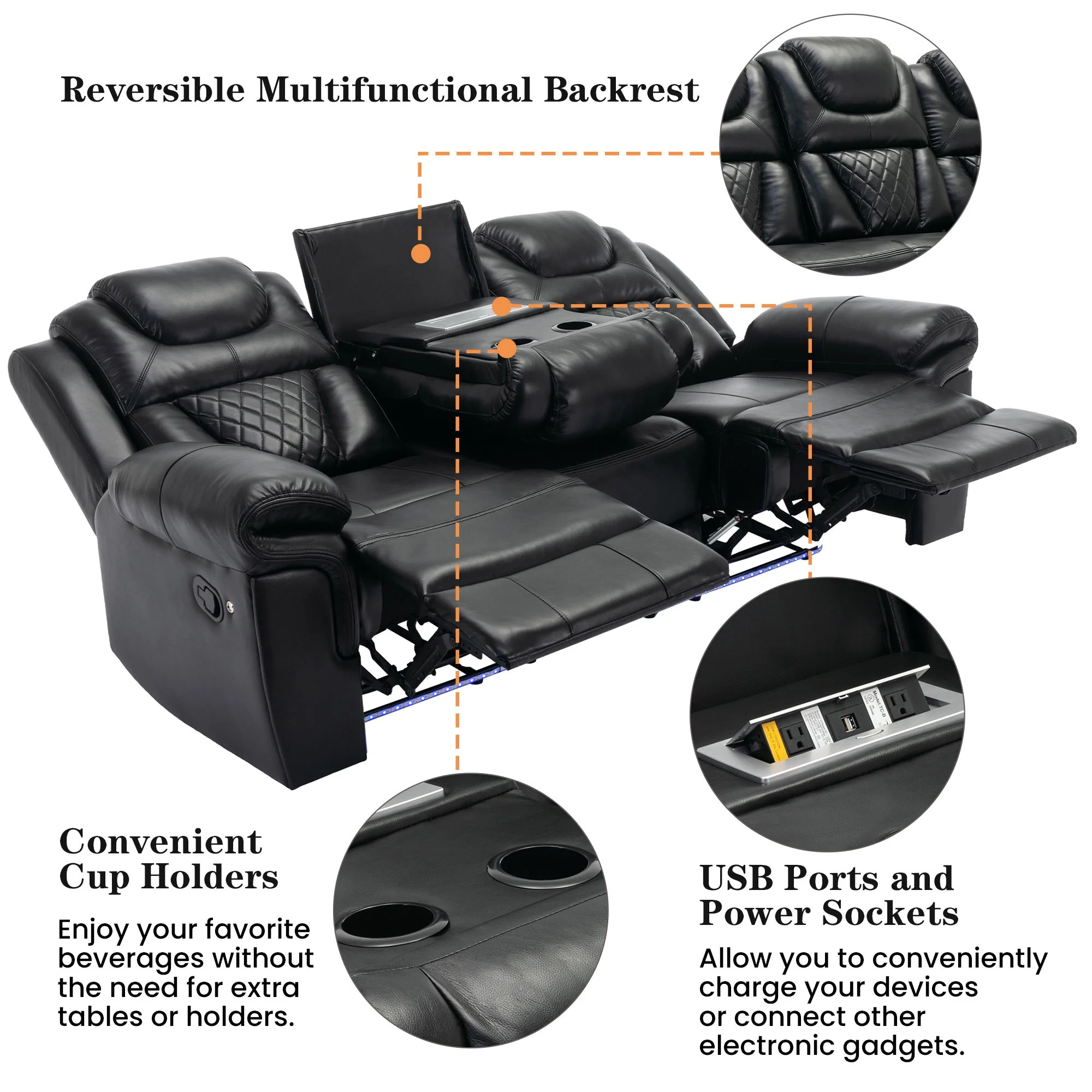 3 Pieces Recliner Sofa Sets Home Theater Seating Manual Recliner Chair With Center Console And LED Light Strip For Living Room - Image 21