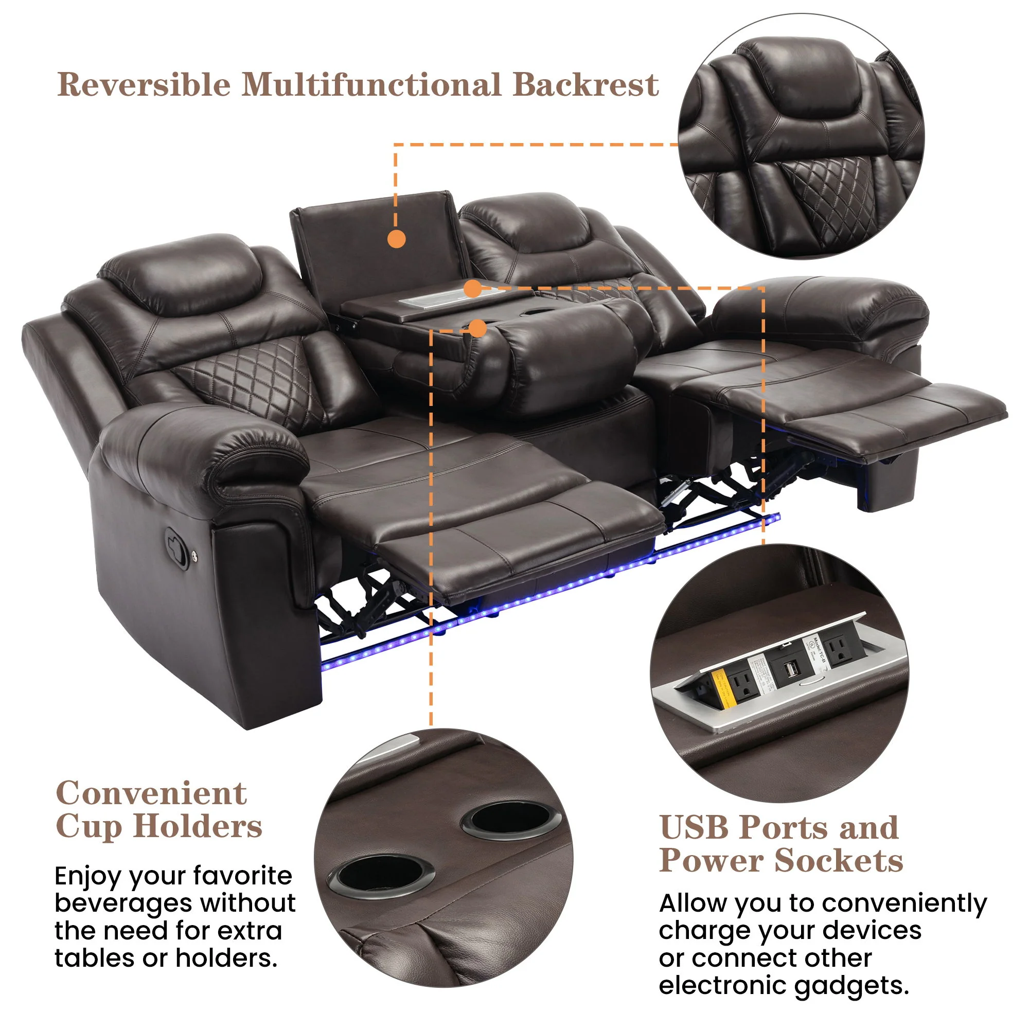 3 Pieces Recliner Sofa Sets Home Theater Seating Manual Recliner Chair With Center Console And LED Light Strip For Living Room - Image 6