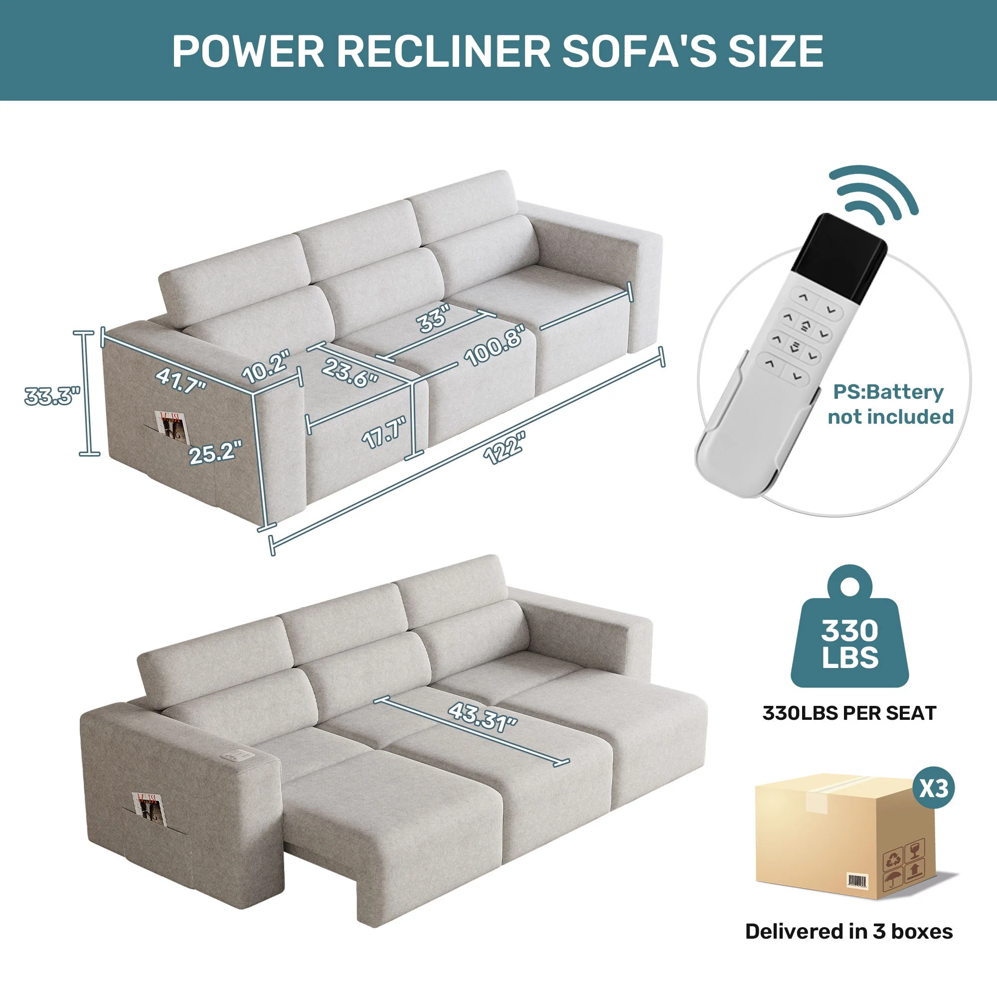 3 Seater Power Recliner Sofa With Wireless Charging And Remote Control - Image 5