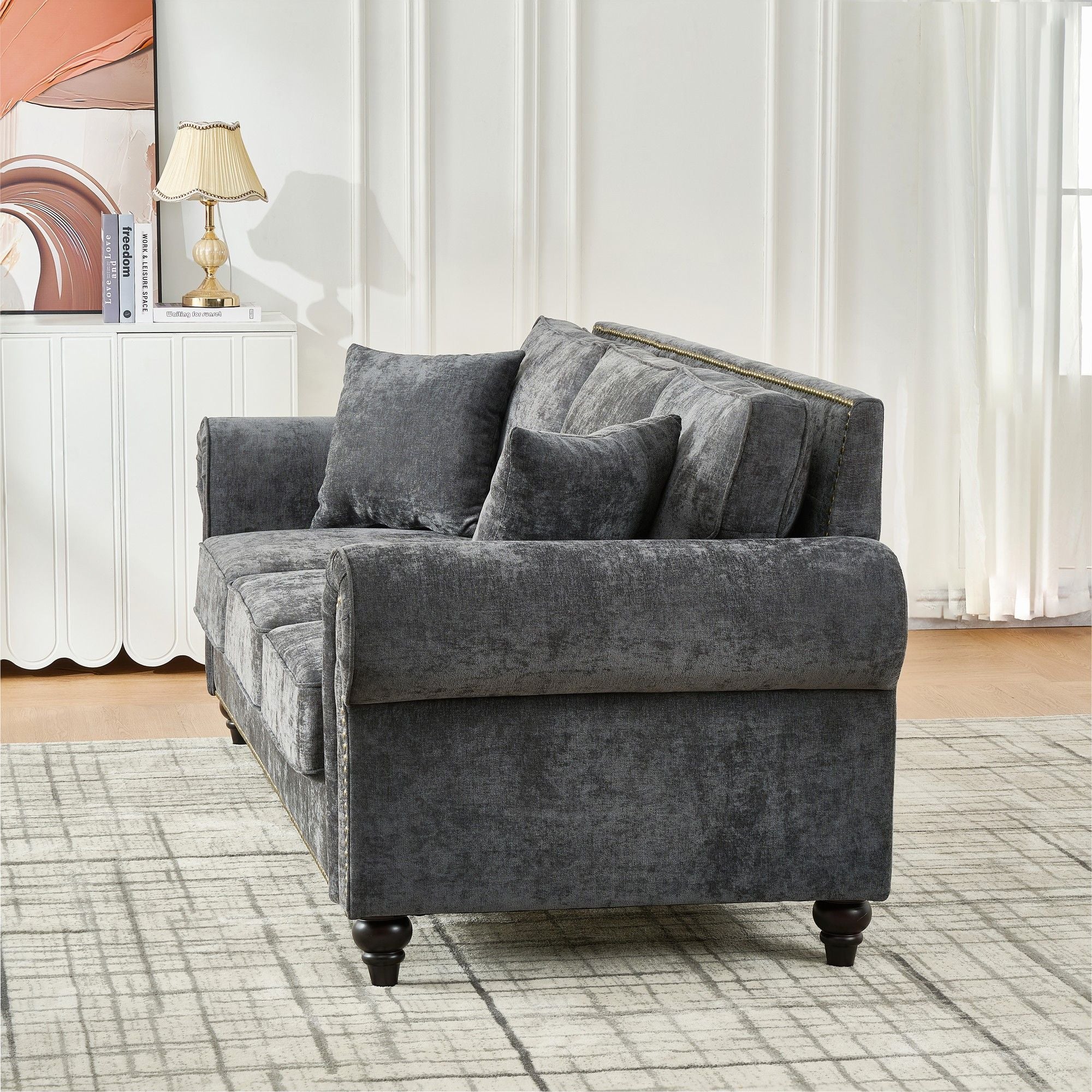 3 Seater Sofa With Tufted Upholstery, Rolled Arms, Nailhead Trim - Image 5