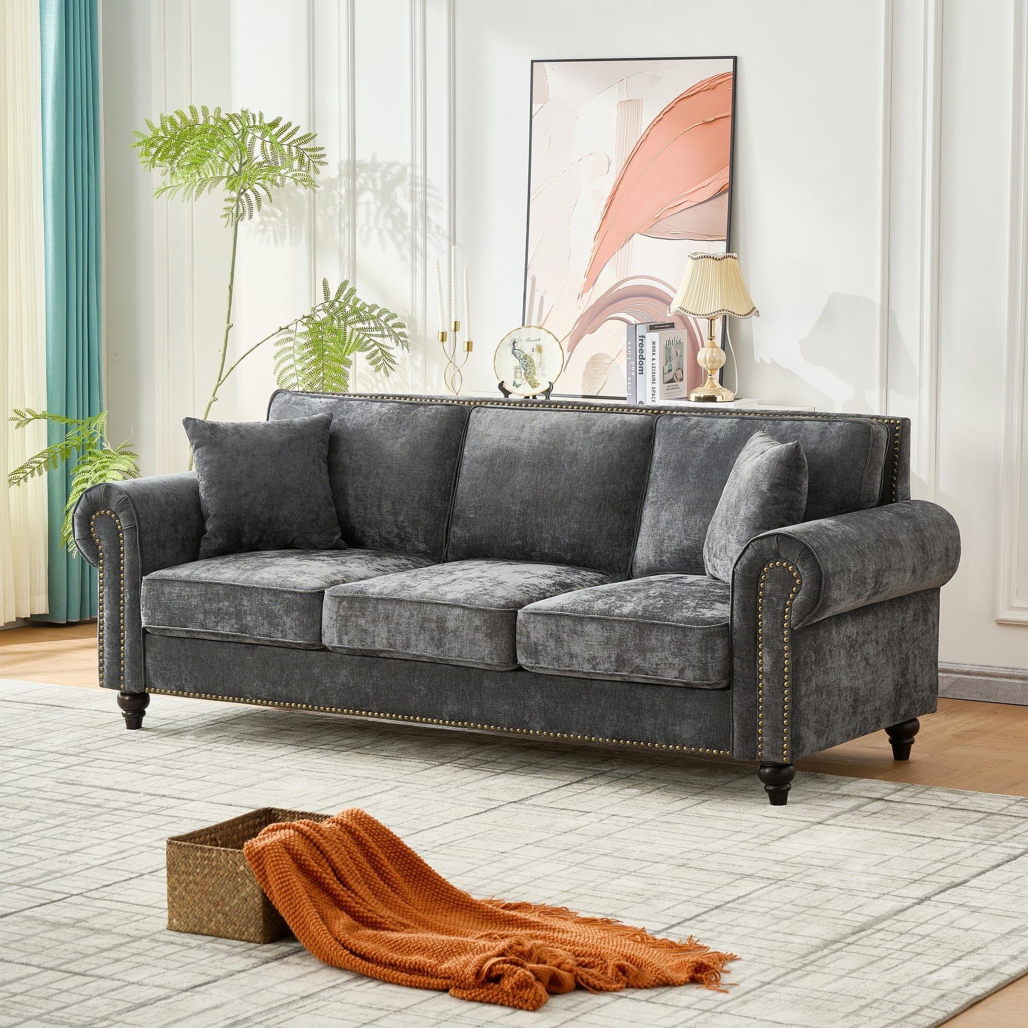 3 Seater Sofa With Tufted Upholstery, Rolled Arms, Nailhead Trim - Image 6
