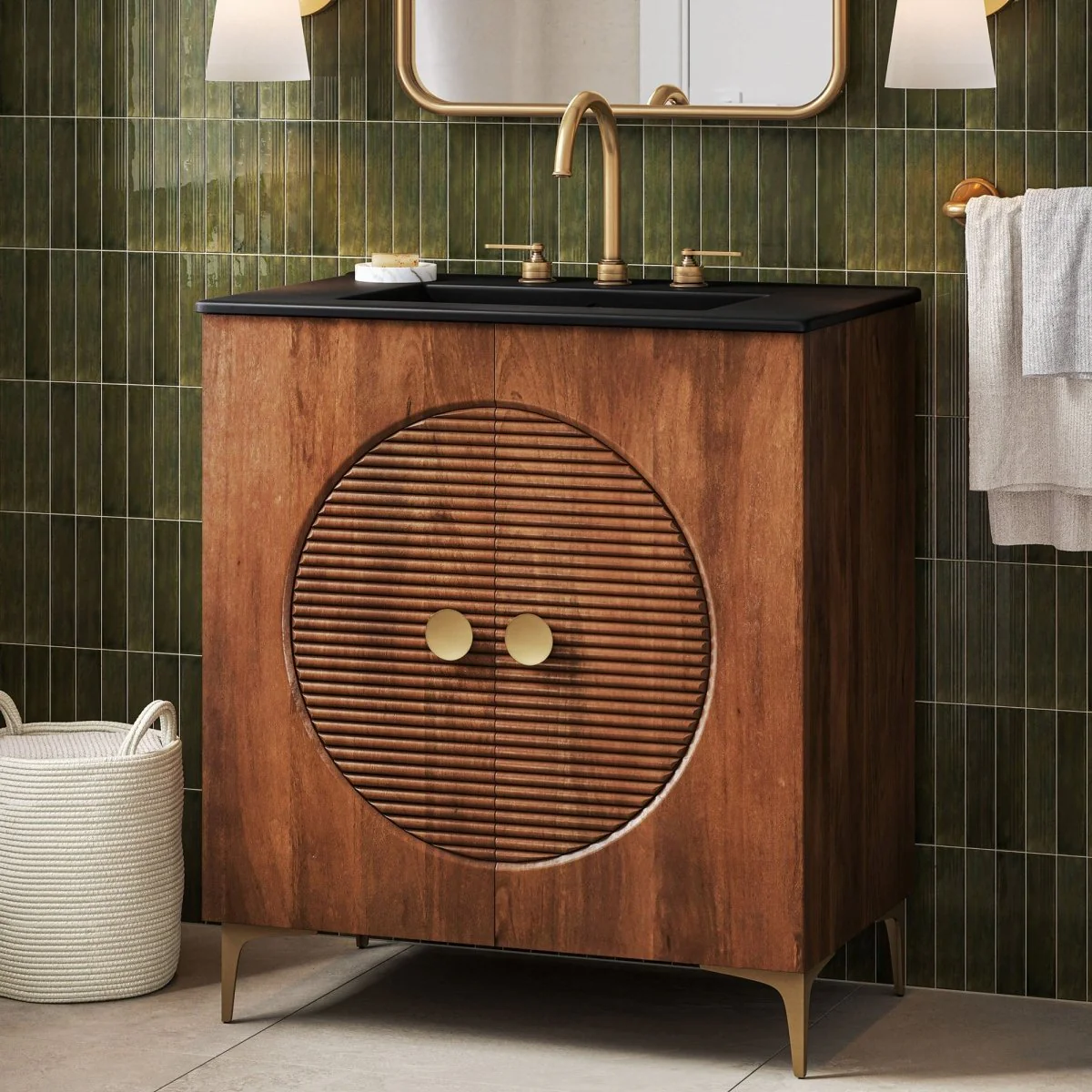 30" Fluted Wood Bathroom Vanity Cabinet – Walnut (No Sink) - Image 10