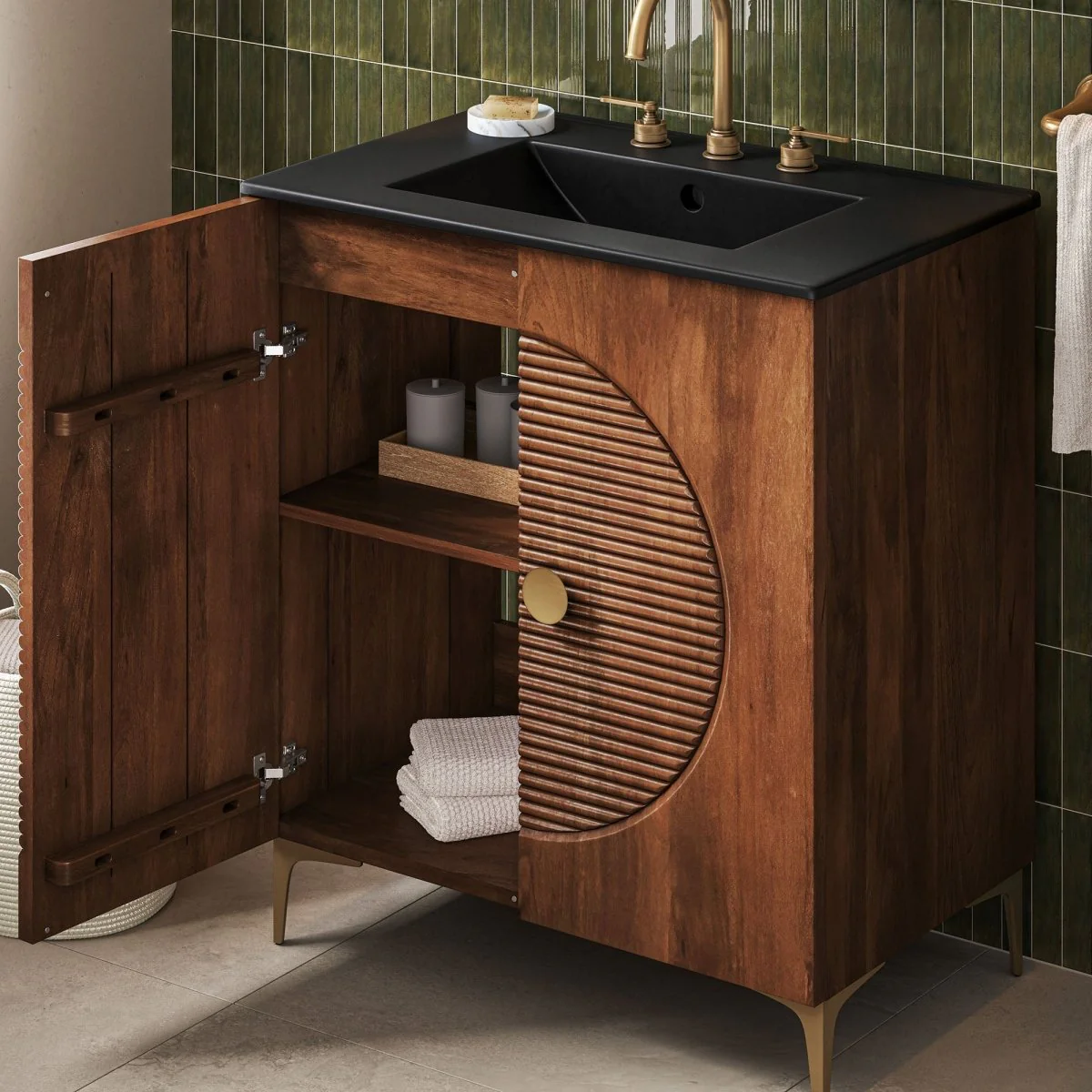 30" Fluted Wood Bathroom Vanity Cabinet – Walnut (No Sink) - Image 5