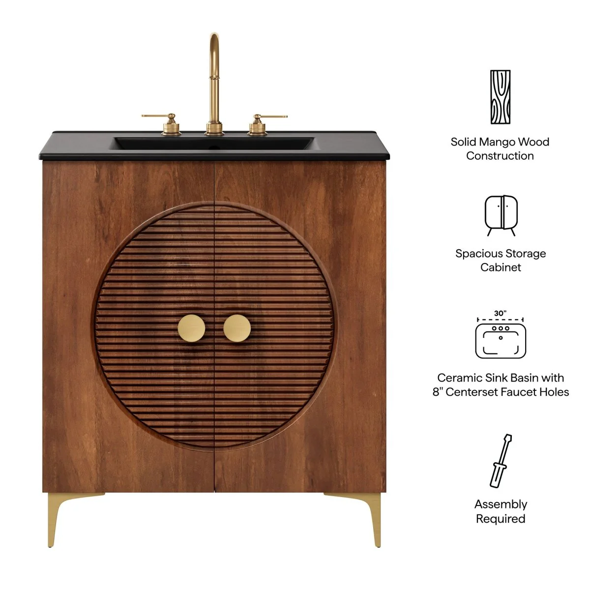 30" Fluted Wood Bathroom Vanity with Ceramic Sink — Elegant Fluted Front Design - Image 3
