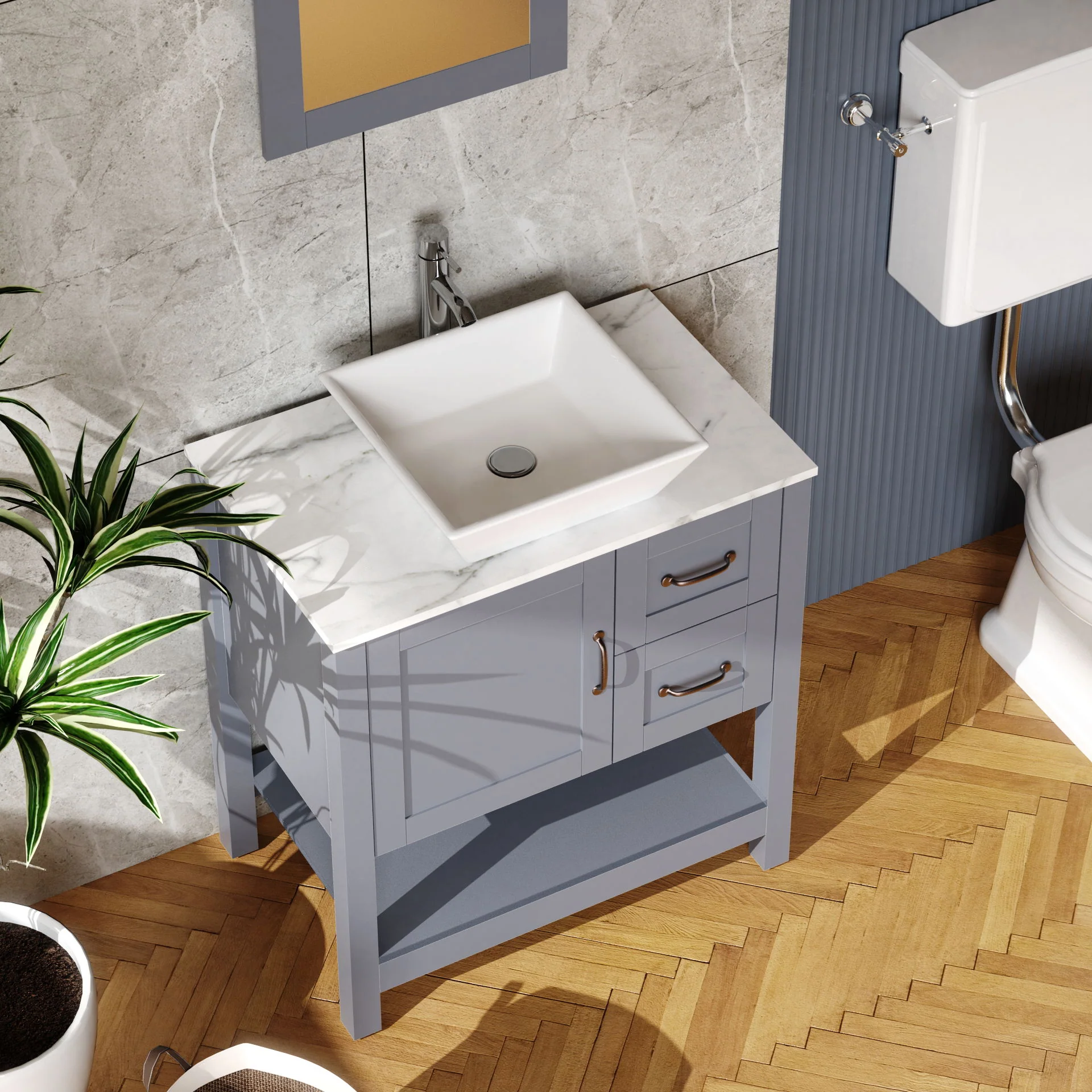 30" Gray Bathroom Vanity And Sink Combo Marble Pattern Top With Mirror Faucet & Drain - Gray - Image 3