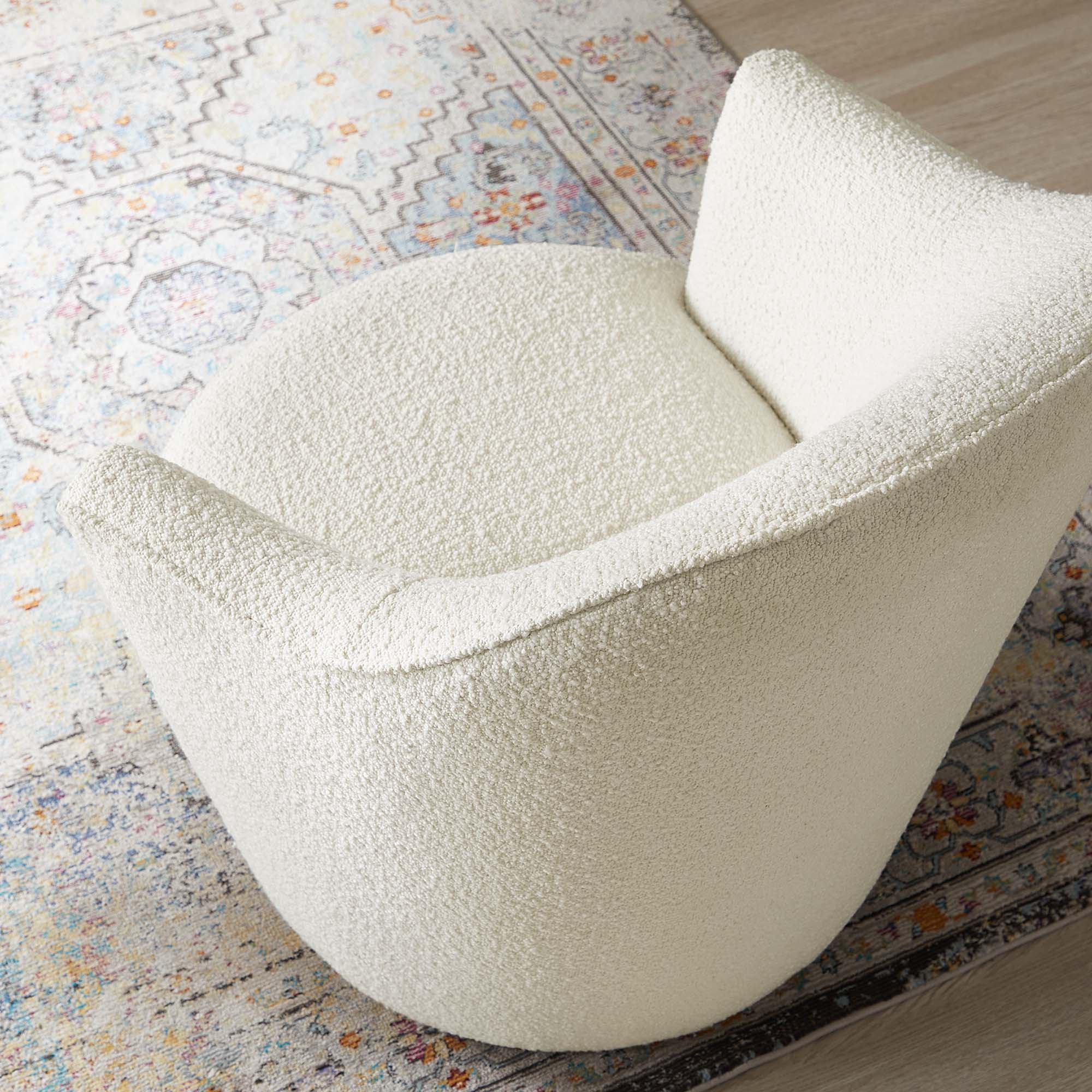 30 Inch Boucle Upholstered Swivel Chair in White with Gold Base - Image 3
