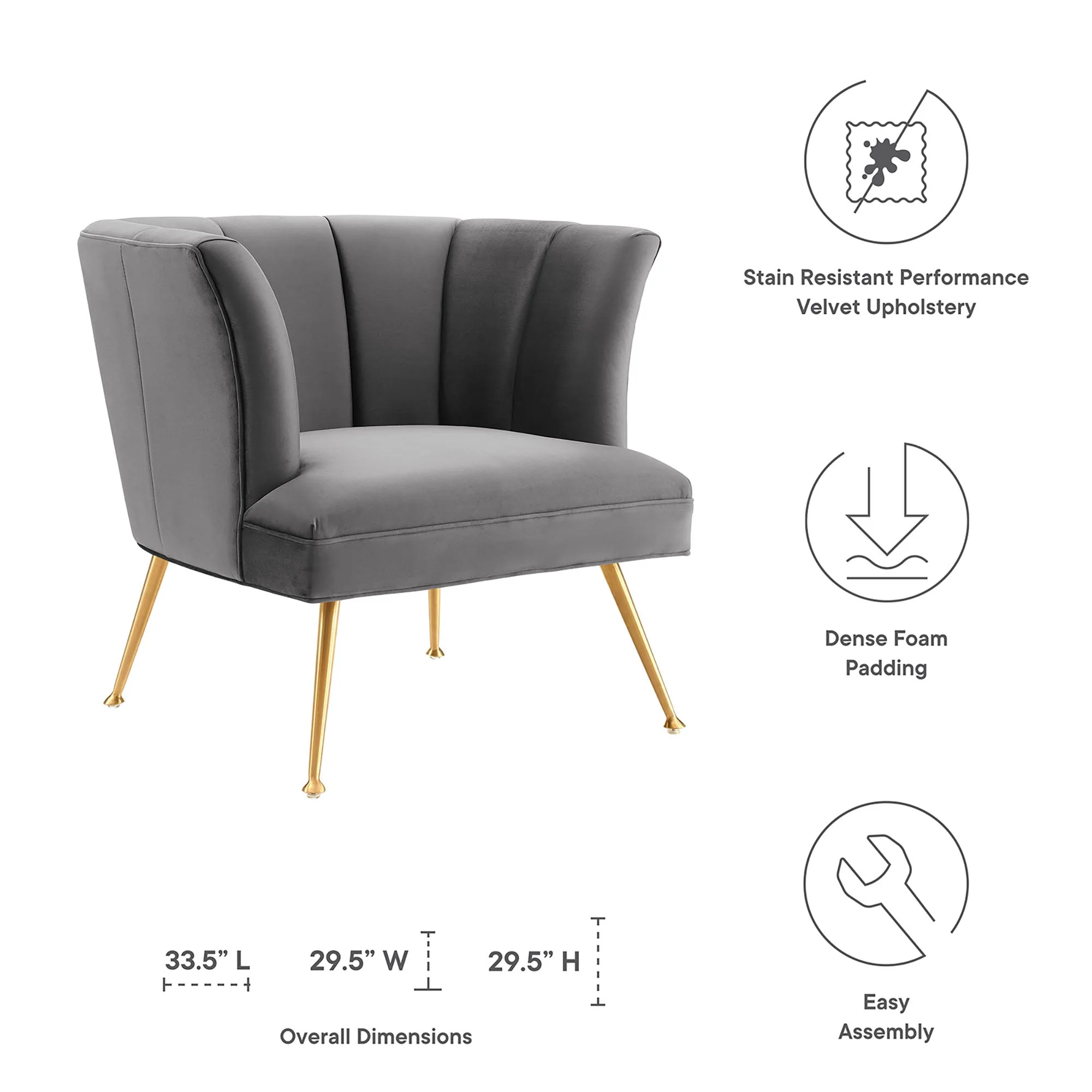 30 Inch Channel Tufted Performance Velvet Armchair with Gold Legs - Image 2