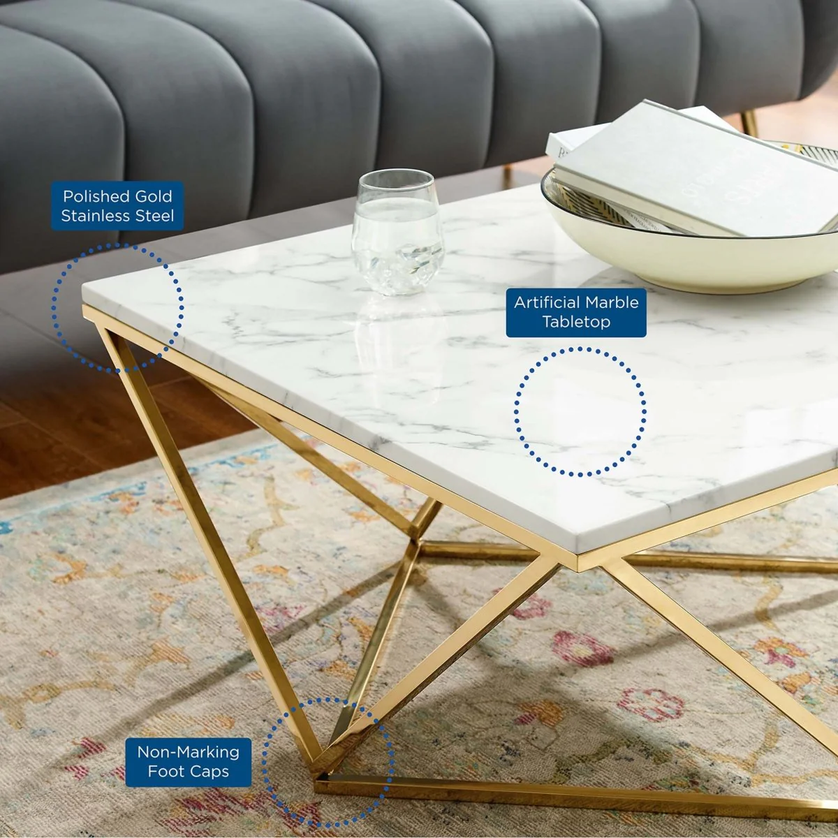 30 Inch Geometric Stainless Steel Coffee Table in Gold White - Image 2