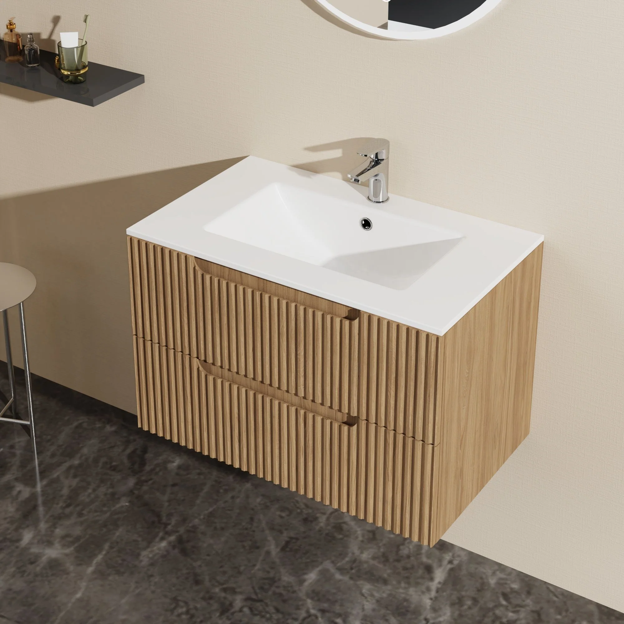 30" Wall Mounted Bathroom Vanity With Sink, Soft Close System, And Spacious Drawers - Walnut - Image 3