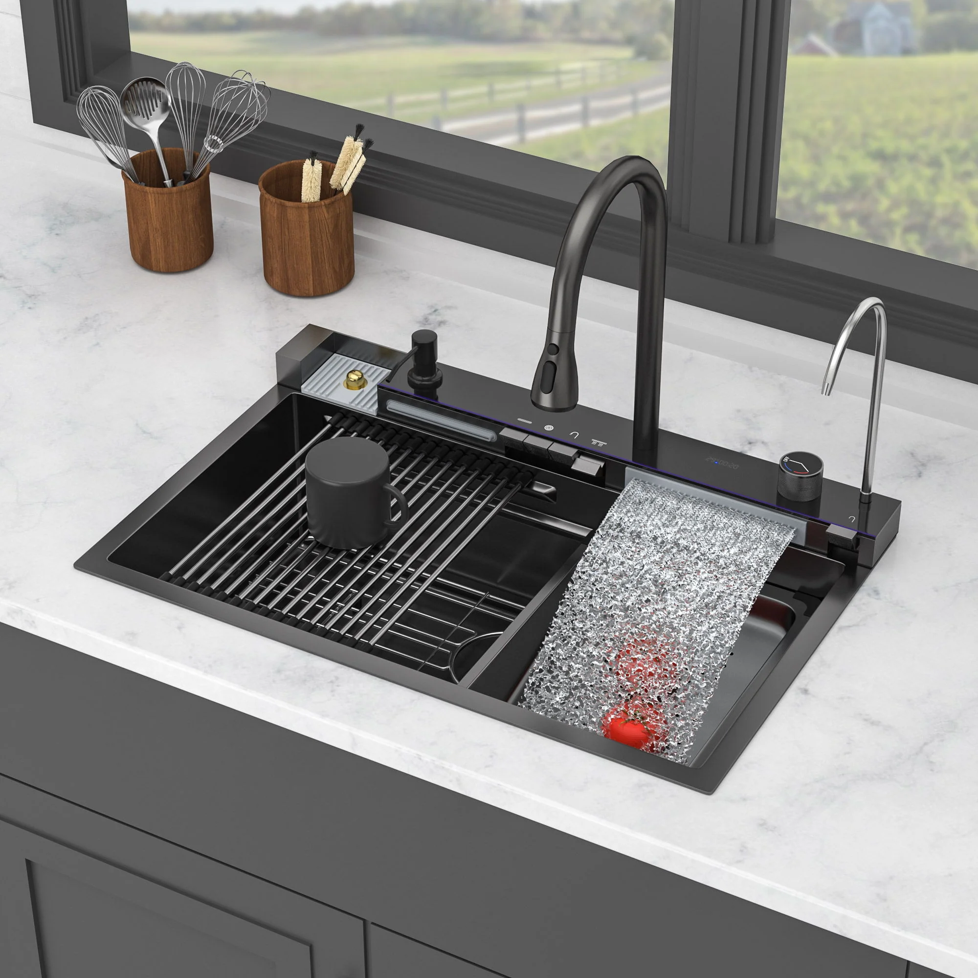 30" Whale Digital Waterfall Sink With LED Display, 16 Gauge Single Bowl Ledge Workstation - Gunmetal Black - Image 5