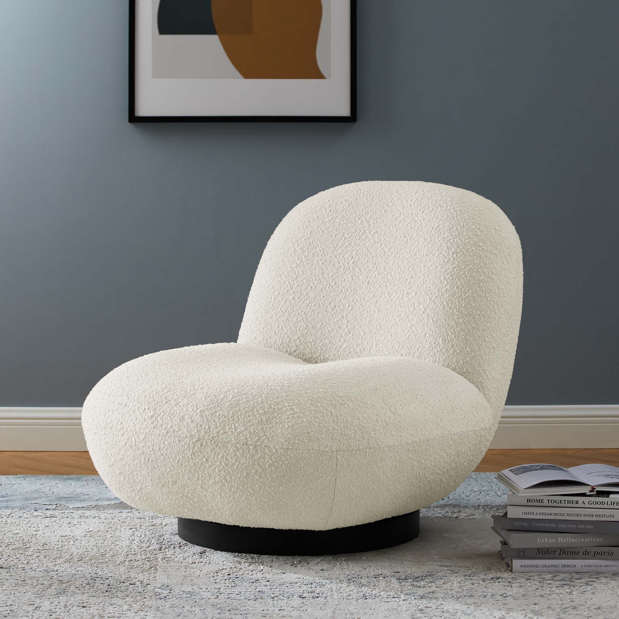 31 Inch Boucle Fabric Swivel Chair in Ivory - Image 6
