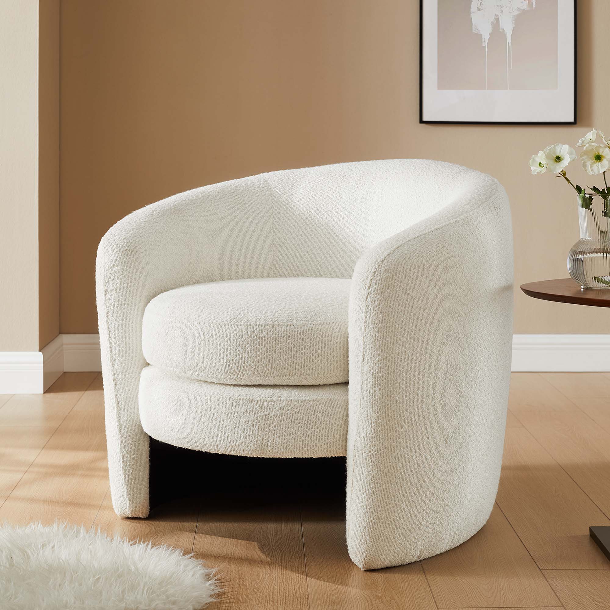 31 Inch Curved Back Boucle Fabric Barrel Armchair - Image 7