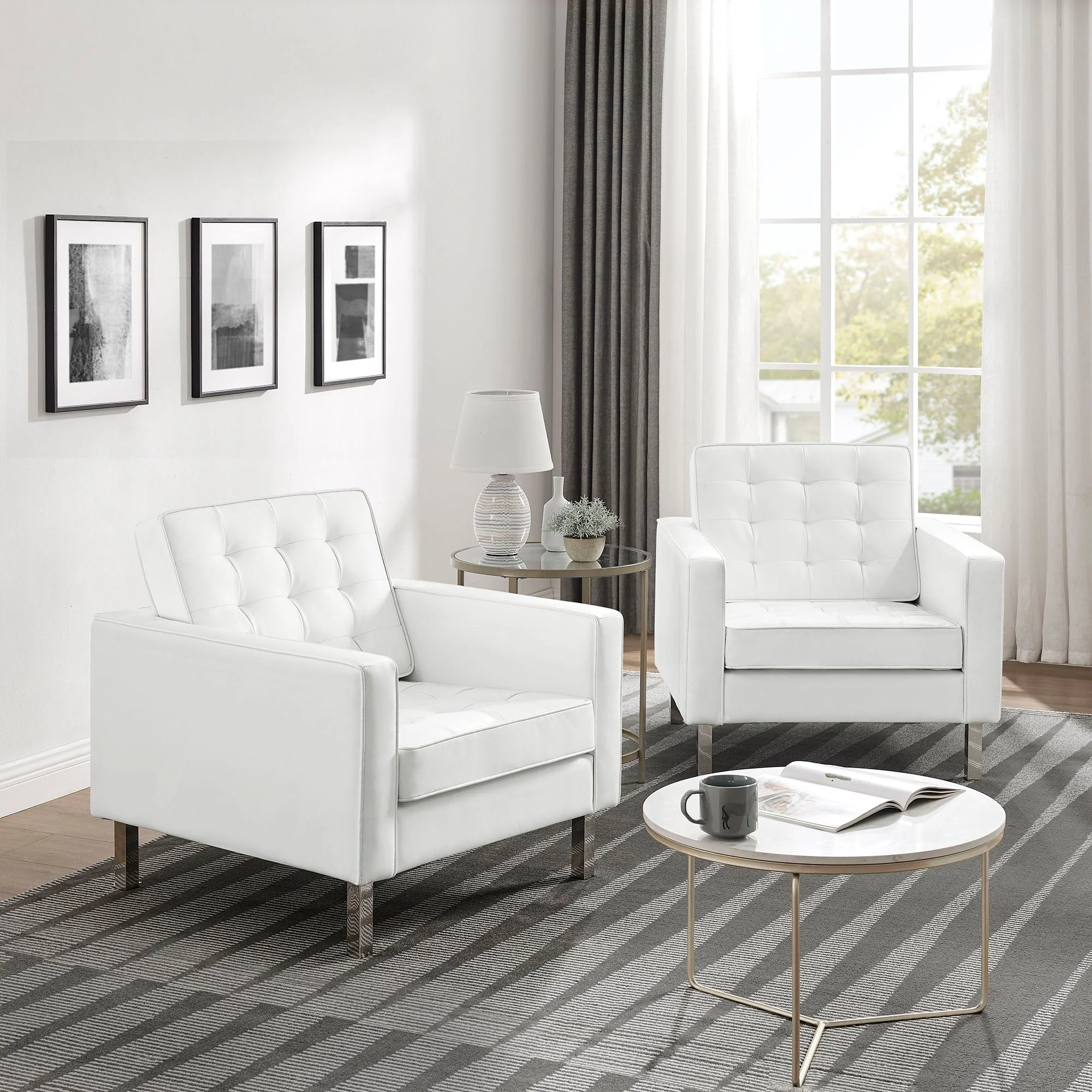 31 Inch Loft Mid-Century Modern Vegan Leather Armchairs with Biscuit Tufting - Set of 2 - Image 28