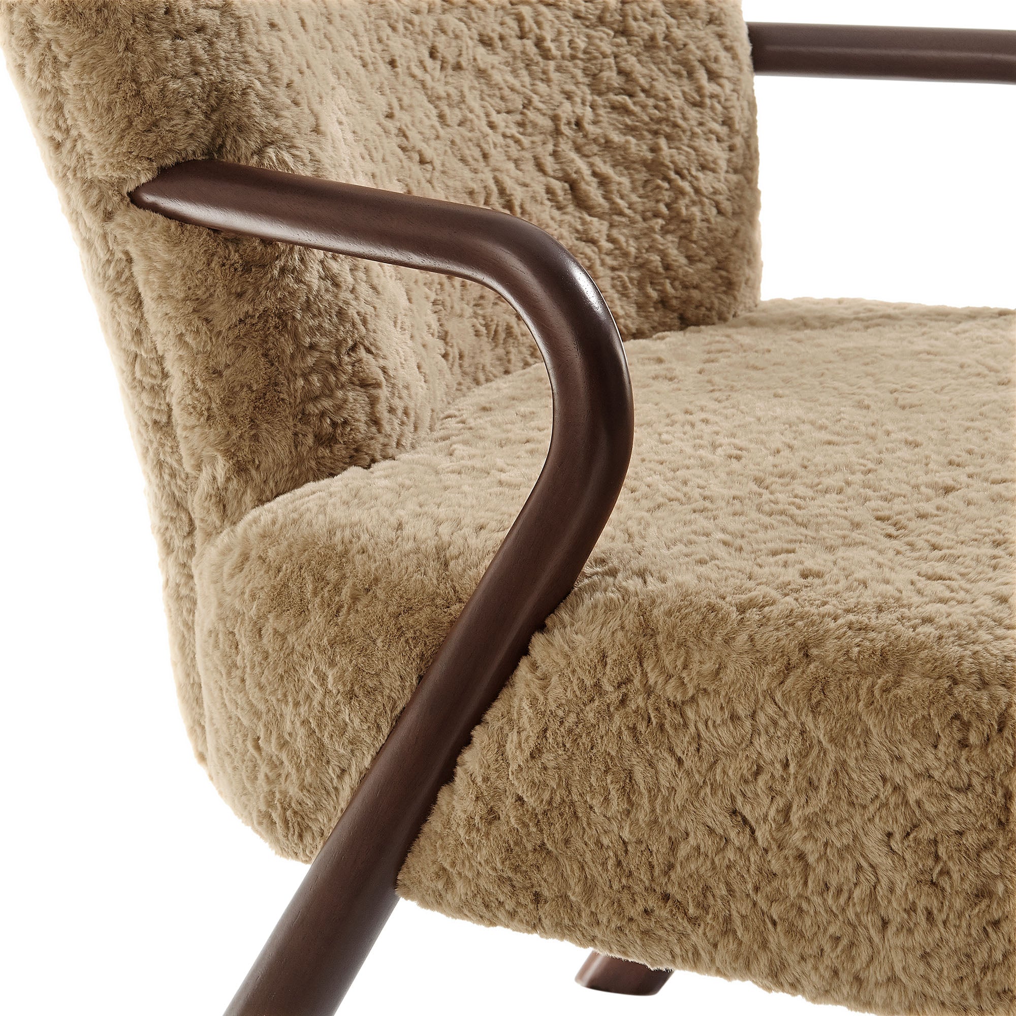 31 Inch Mid-Century Modern Faux Shearling Accent Armchair with Sculptural Wood Frame - Image 13