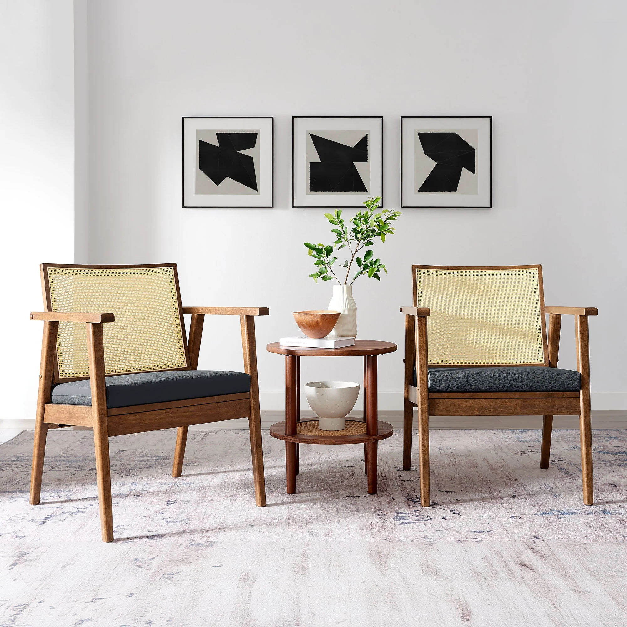 31 Inch Mid-Century Modern Vegan Leather and Cane Accent Armchair - Set of 2 - Image 7