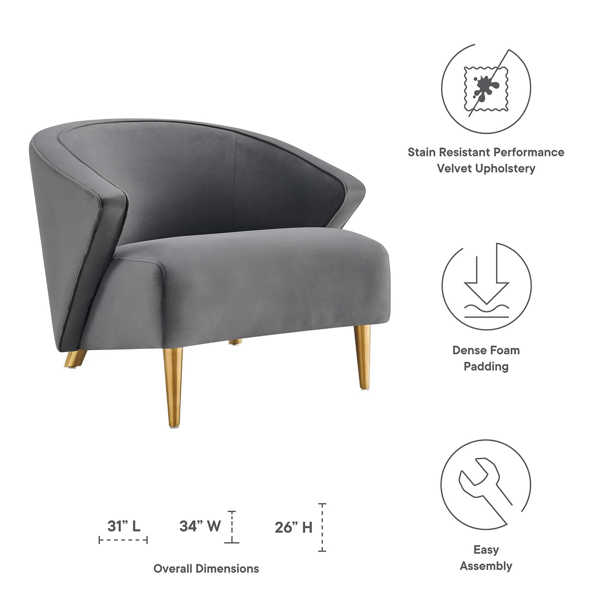 31 Inch Performance Velvet Armchair with Brushed Gold Legs - Image 2