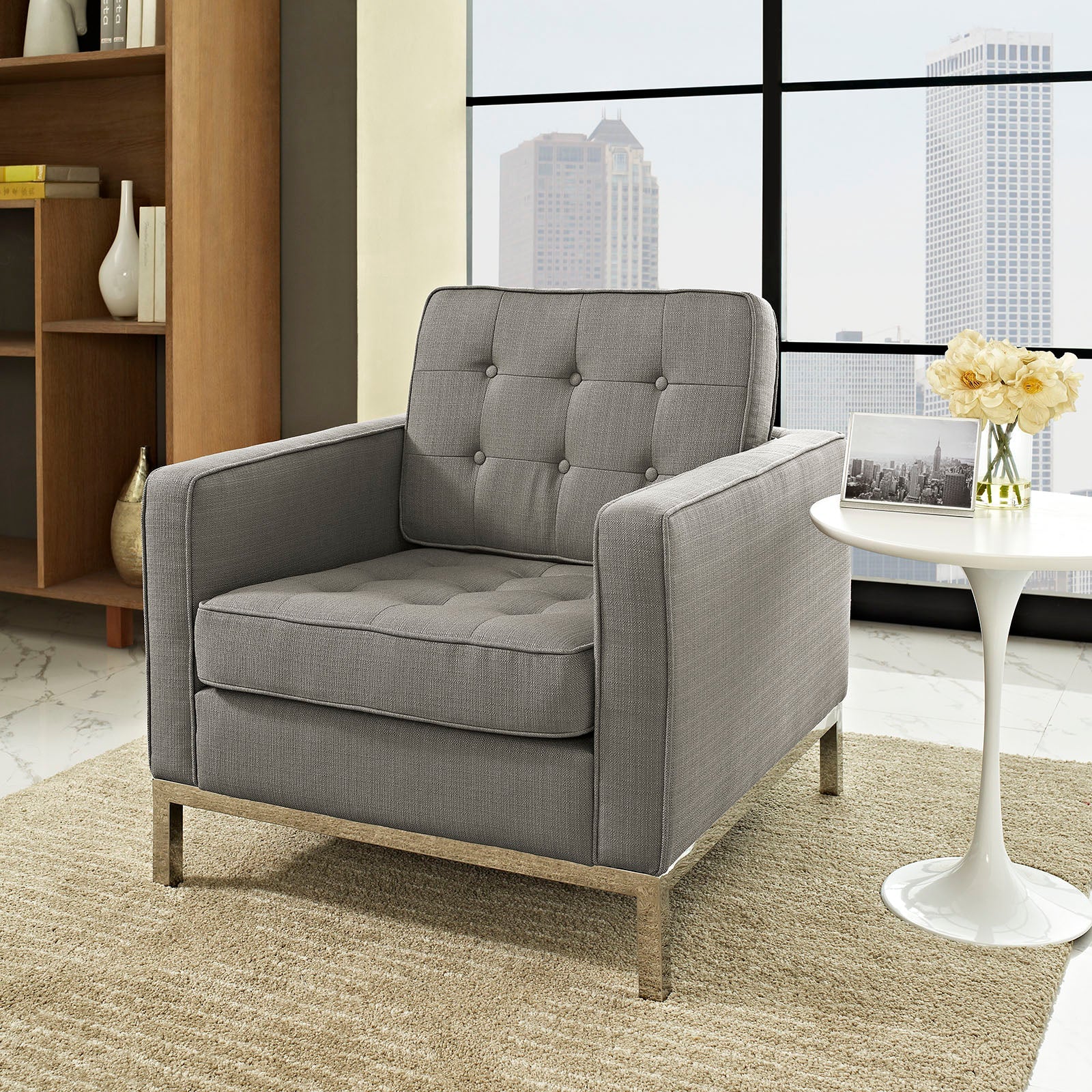 31 Inch Tufted Upholstered Fabric Armchair with Stainless Steel Frame - Image 5