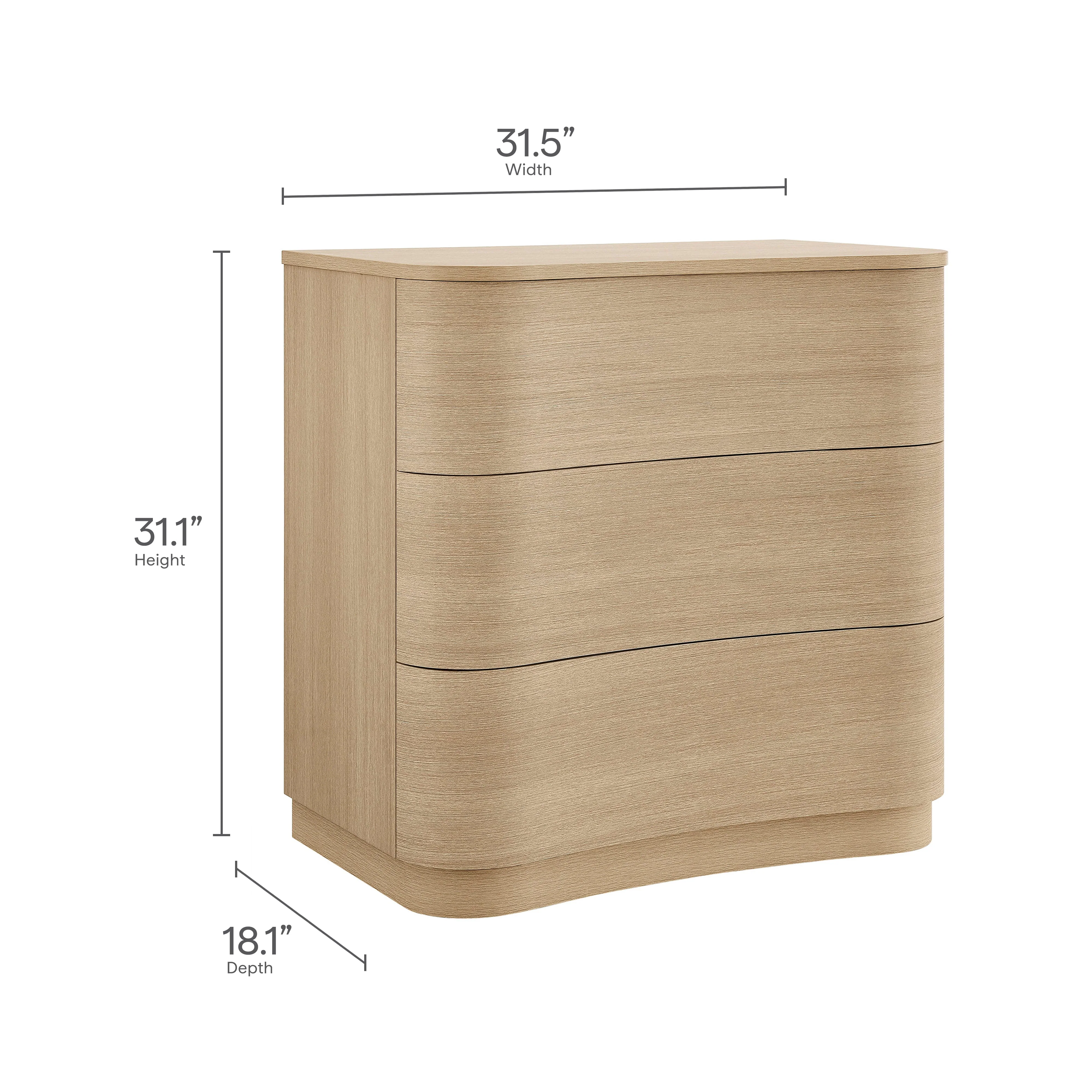 32" Brushed Light Oak Curved 3-Drawer Compact Dresser - Image 3