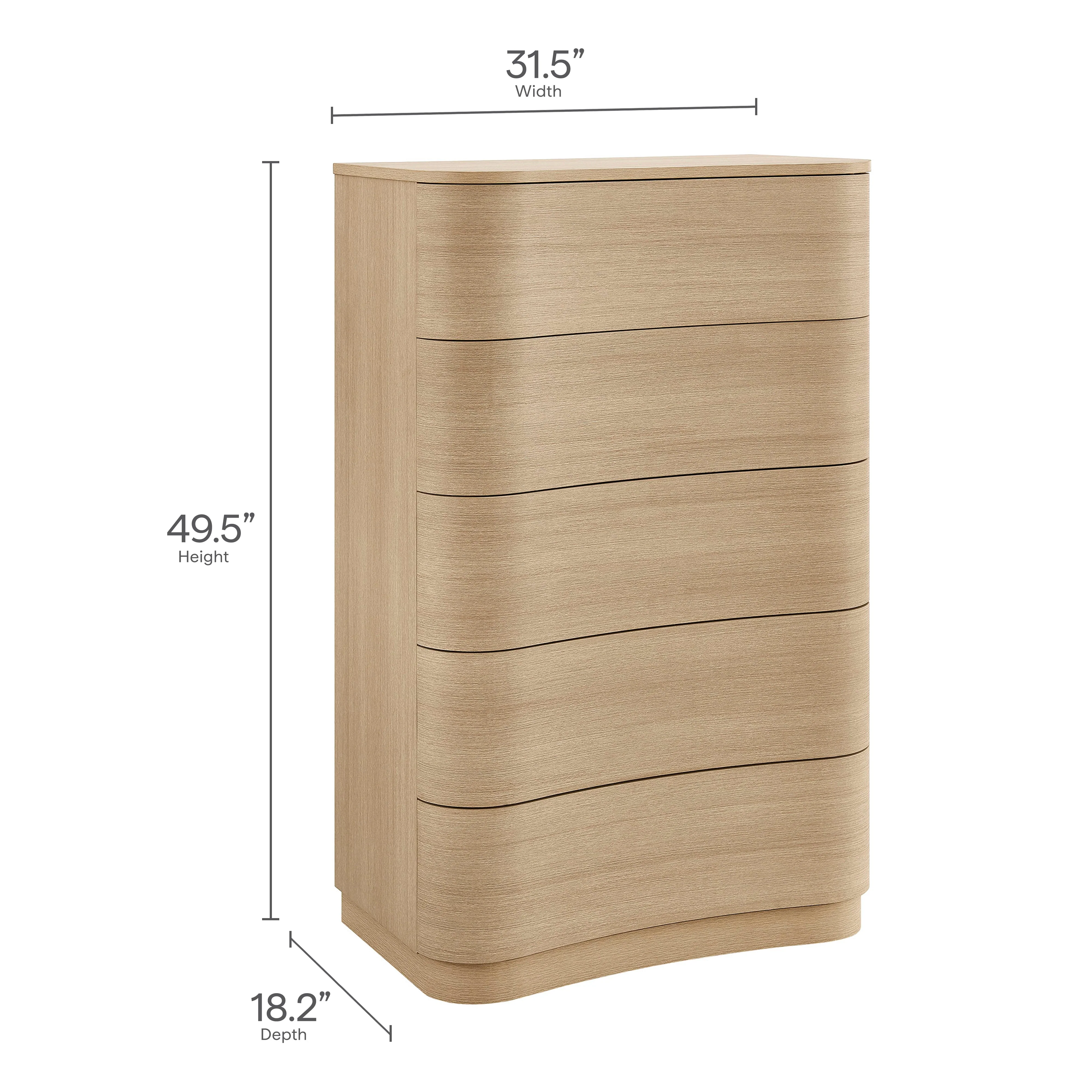 32" Brushed Oak Curved 5-Drawer Vertical Dresser Chest - Image 3