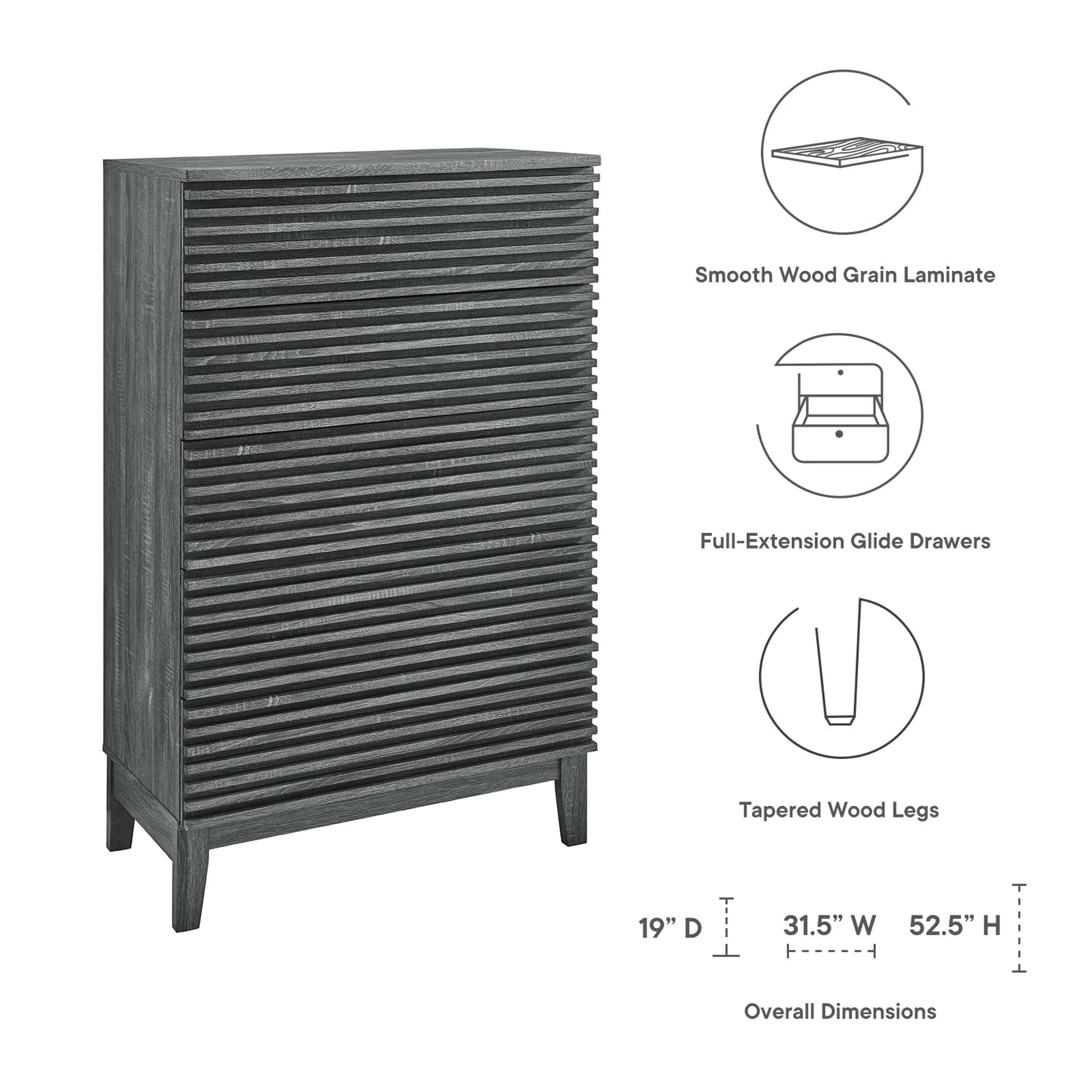32" Charcoal Mid-Century 5-Drawer Bedroom Dresser Chest - Image 2
