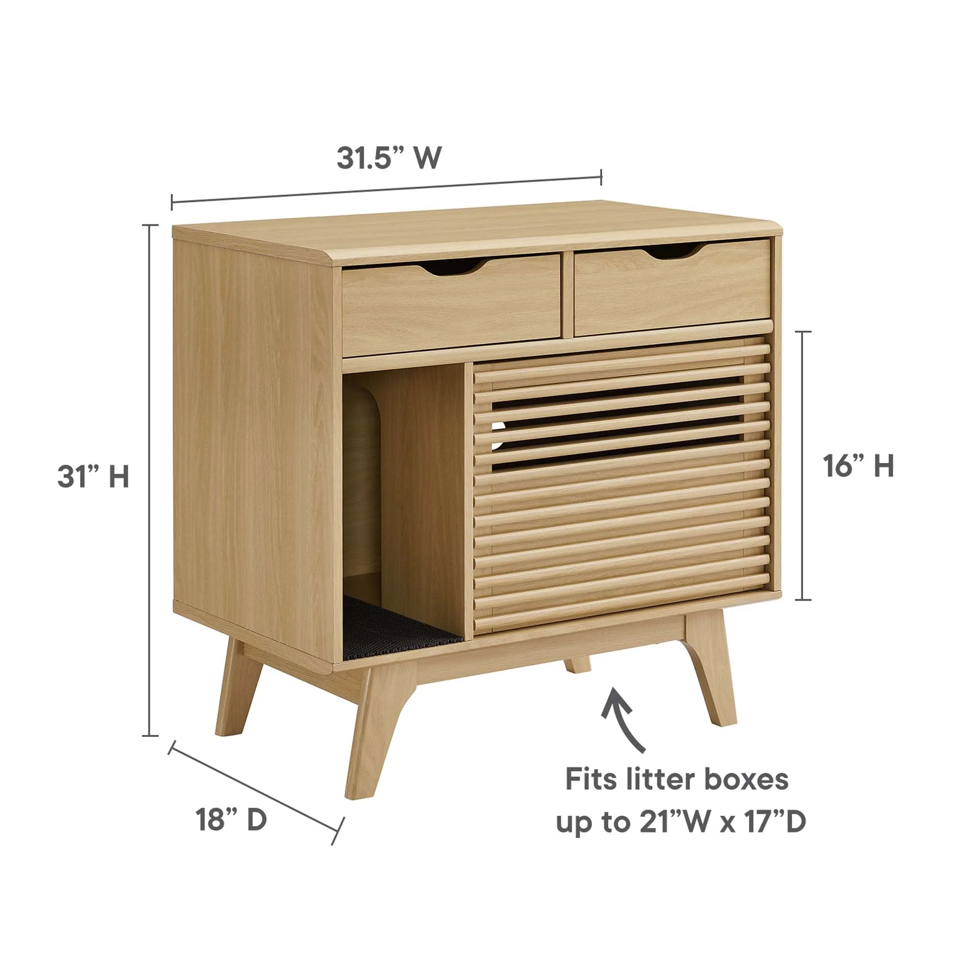 32 Inch Mid-Century Modern Cat Litter Box Cabinet with Sliding Slatted Door and Drawers - Image 13