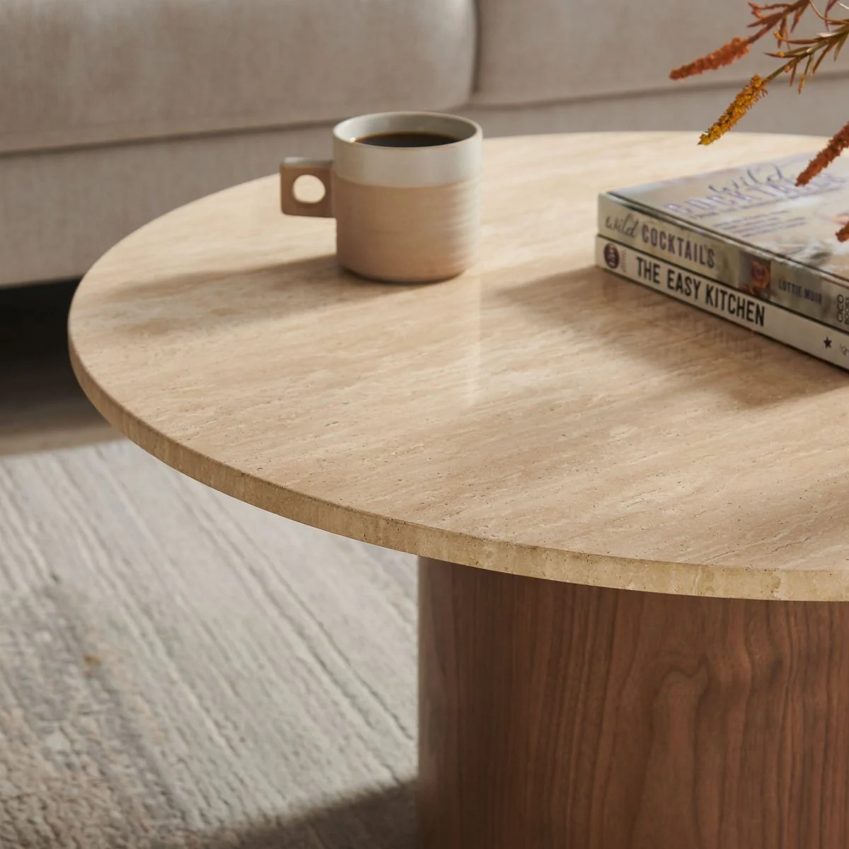 32 Inch Round Travertine and Walnut Pedestal Coffee Table - Image 5