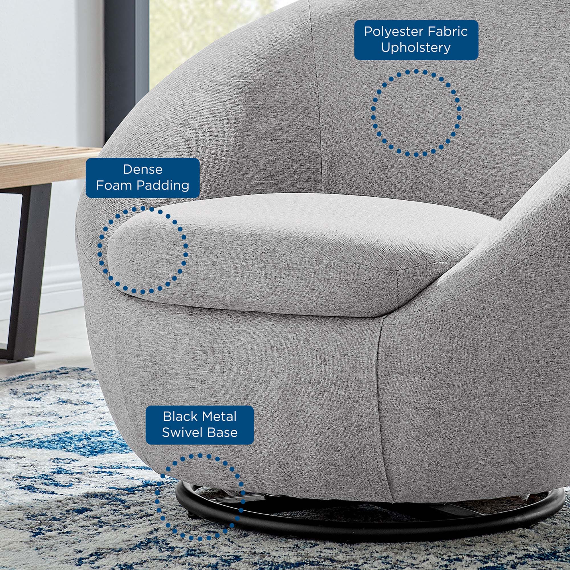 32 Inch Upholstered Fabric Swivel Accent Chair with Black Metal Base - Image 2