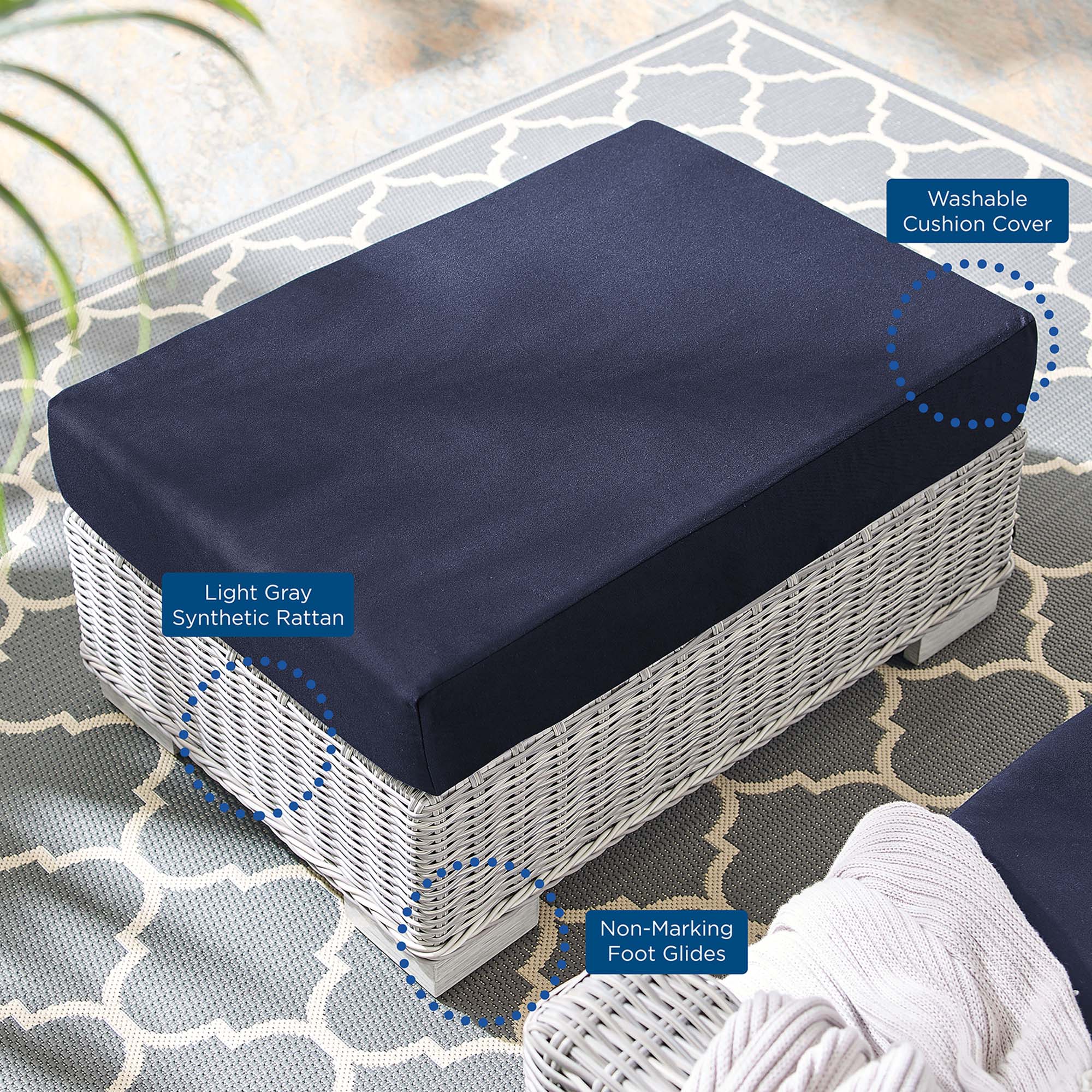 32" Light Gray Navy Outdoor Patio Wicker Ottoman - Image 3