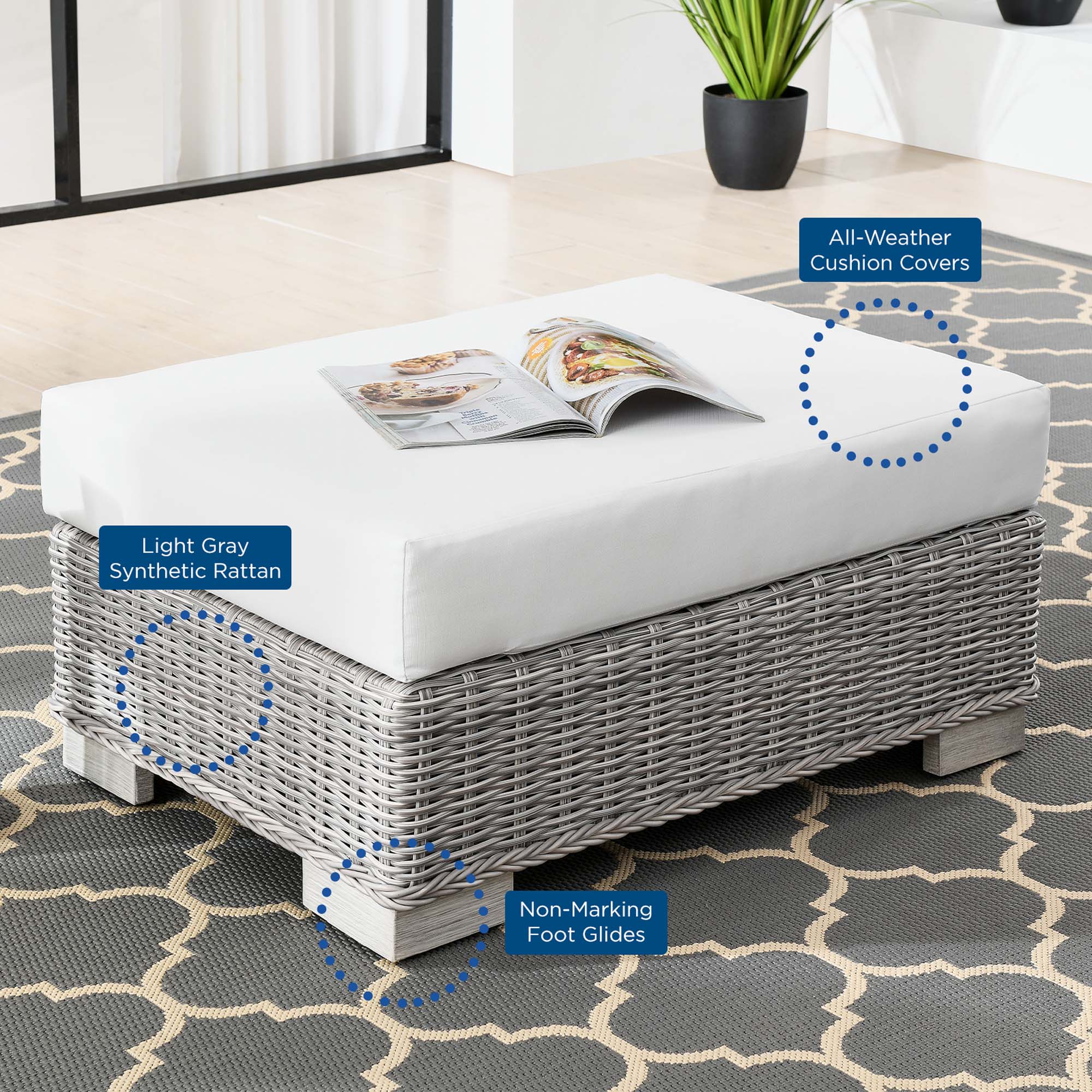 32" Outdoor Patio Wicker Rattan Ottoman Footstool for Garden & Deck Seating - Image 3