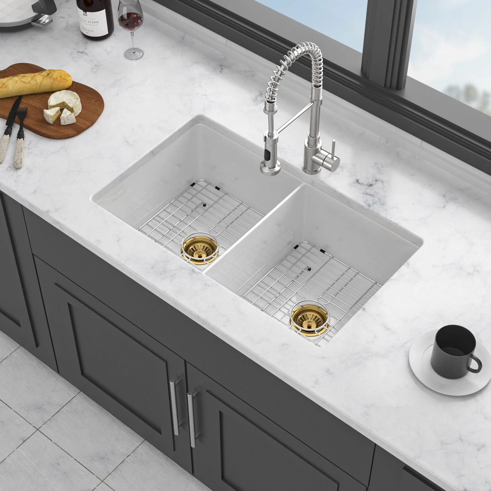 32" Undermount Double Bowl Kitchen Sink Rectangular Deep Dual Bas With Grids - White - Image 8