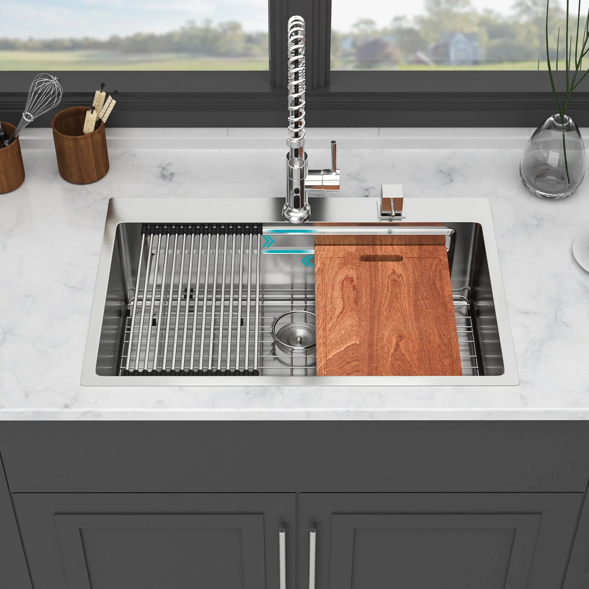 33" Drop In Kitchen Sink Single Bowl 16 Gauge Stainless Steel Ledge Workstation - Black - Image 3