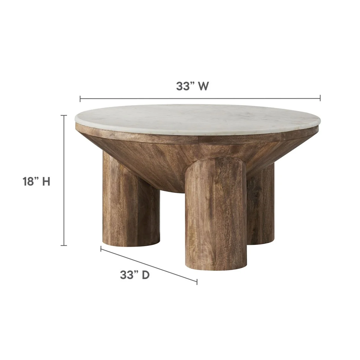 33 Inch Round Mango Wood and Genuine Marble Coffee Table in Walnut - Image 3