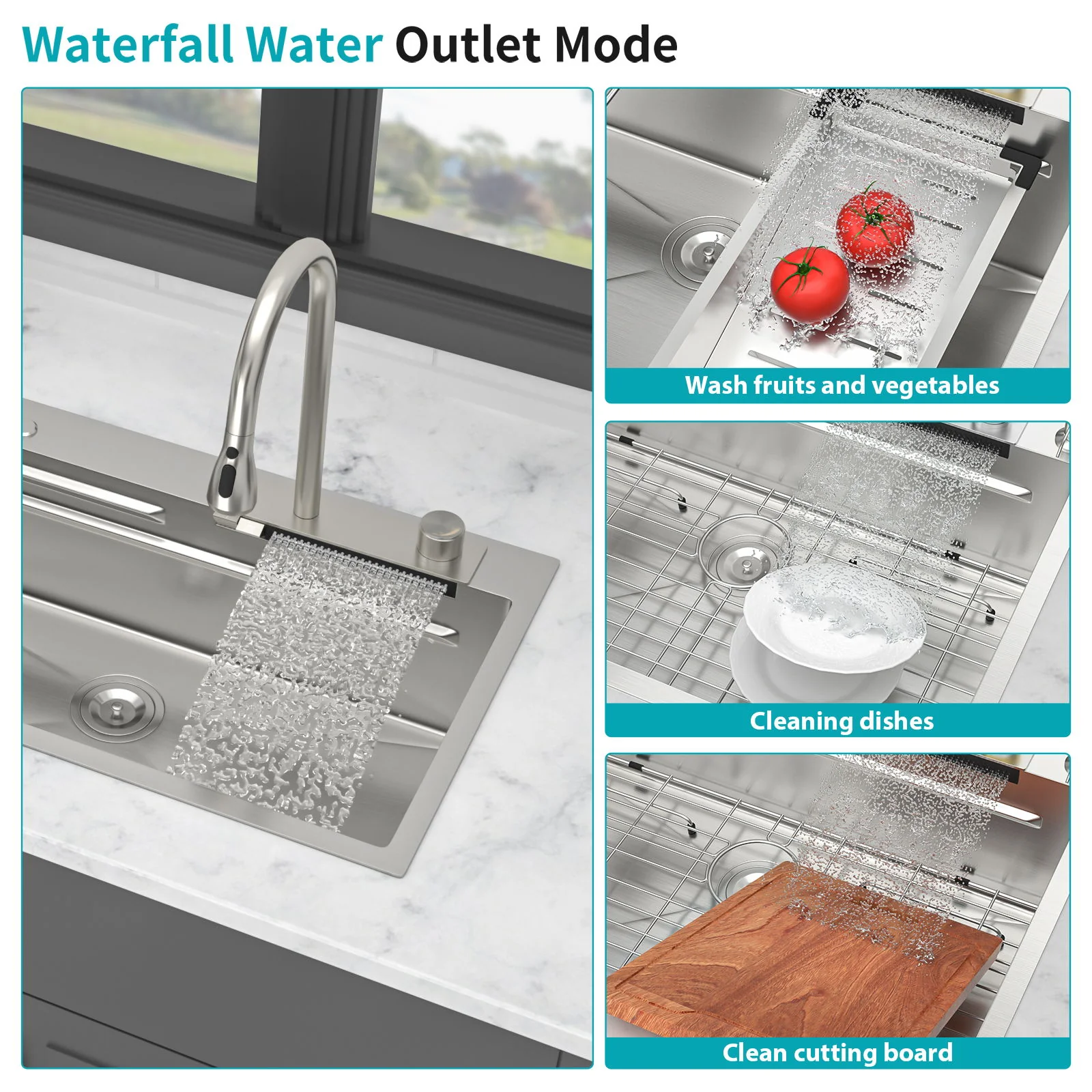 33" Stainless Steel Single Bowl Kitchen Sink With Waterfall Flow - Image 10