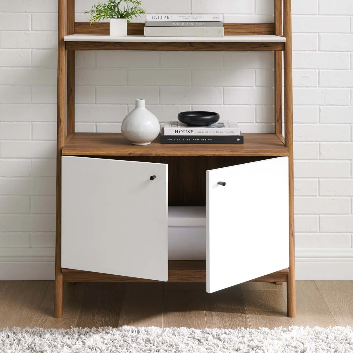 33" Tiered Display Bookshelf with Concealed Storage in Walnut White - Image 3
