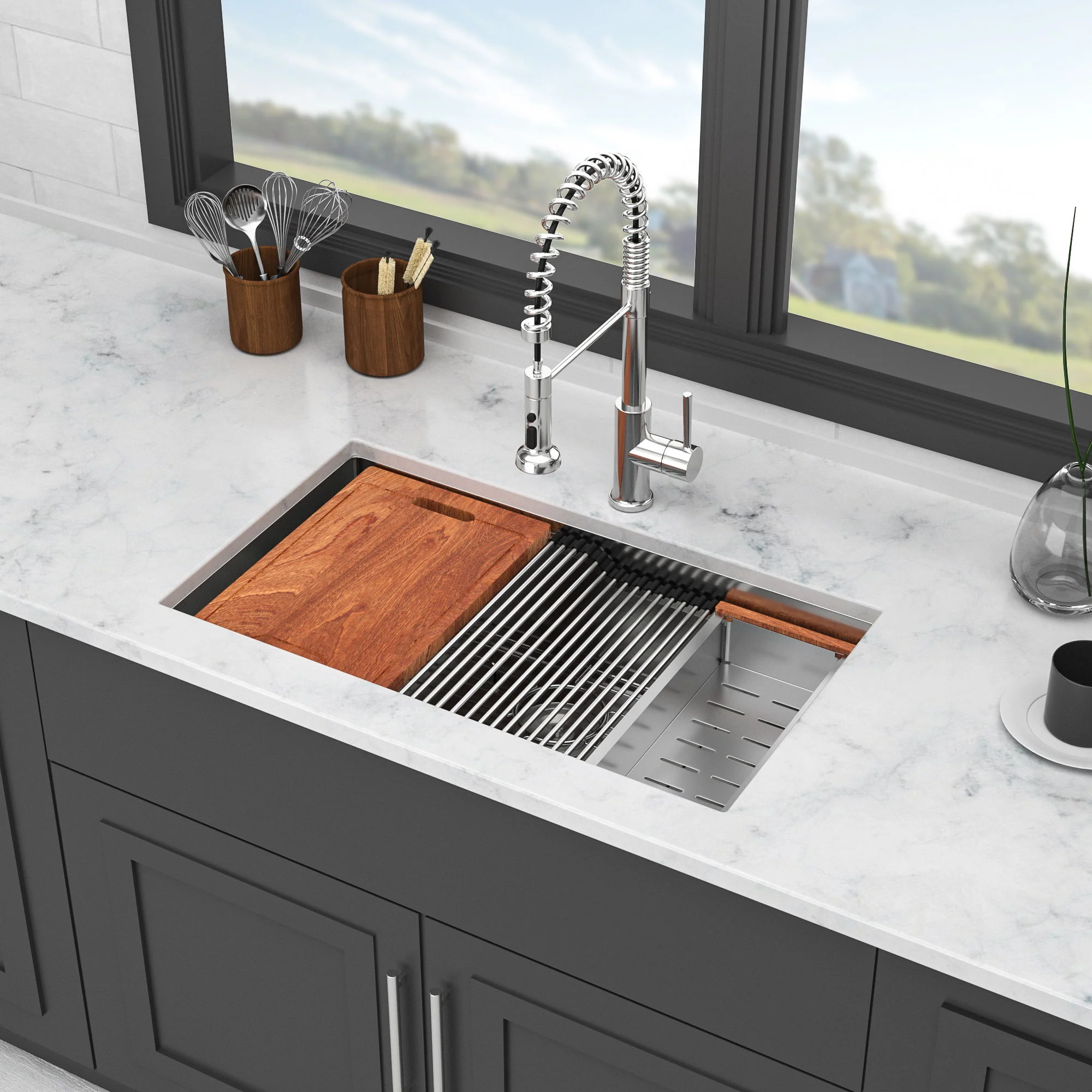 33" Undermount Kitchen Sink Single Bowl Ledge Workstation In 16 Gauge Stainless Steel - White - Image 6