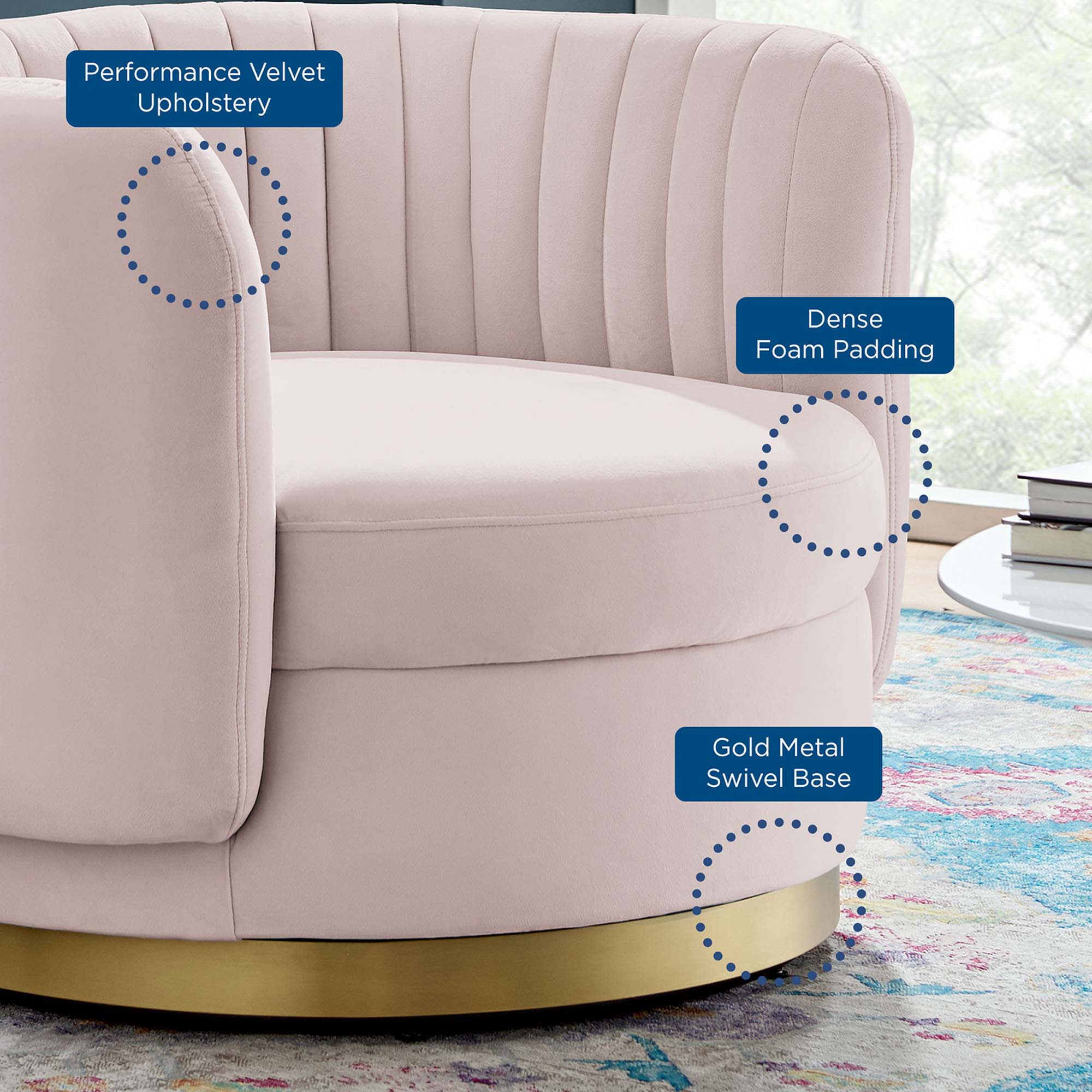 34 Inch Channel Tufted Performance Velvet Swivel Chair with Gold Base - Image 8