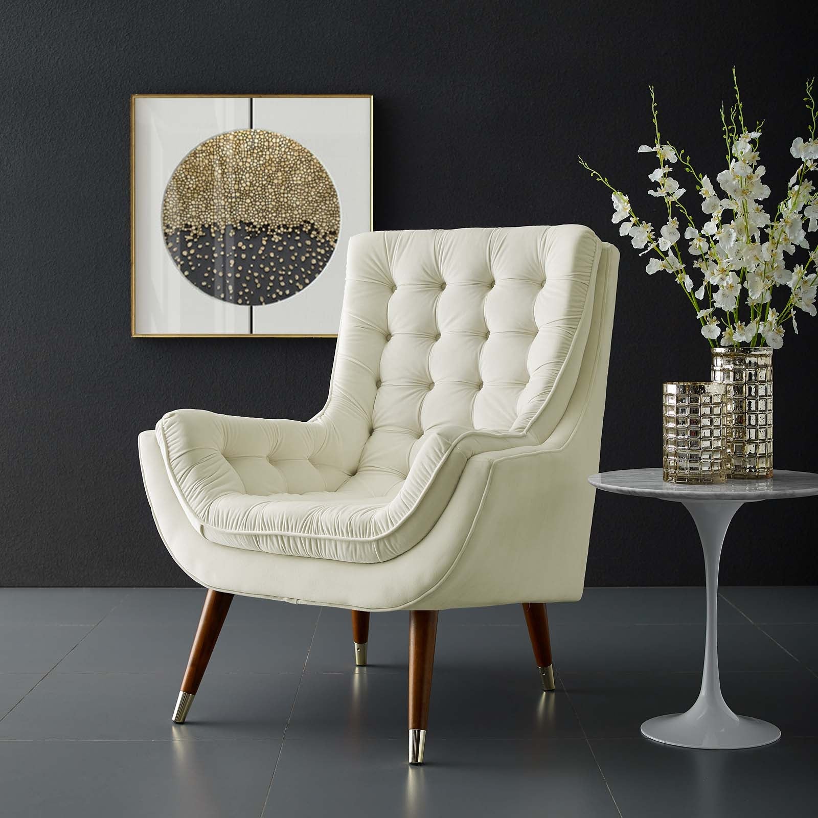 34 Inch Mid-Century Modern Performance Velvet Lounge Chair with Deep Button Tufting and Gold Accents - Image 12