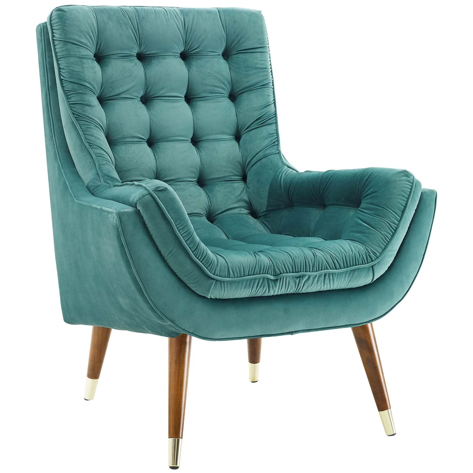 34 Inch Mid-Century Modern Performance Velvet Lounge Chair with Deep Button Tufting and Gold Accents - Image 19