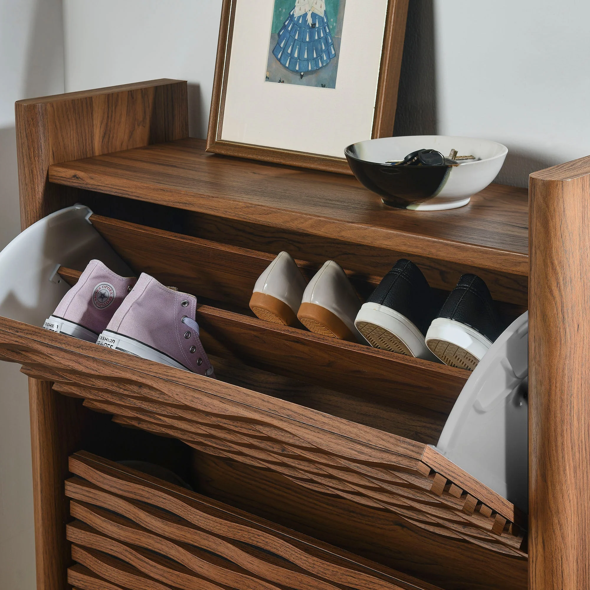 34 Inch Modern Shoe Storage Cabinet with Wave-Pattern Pull-Down Drawers in Walnut - Image 4