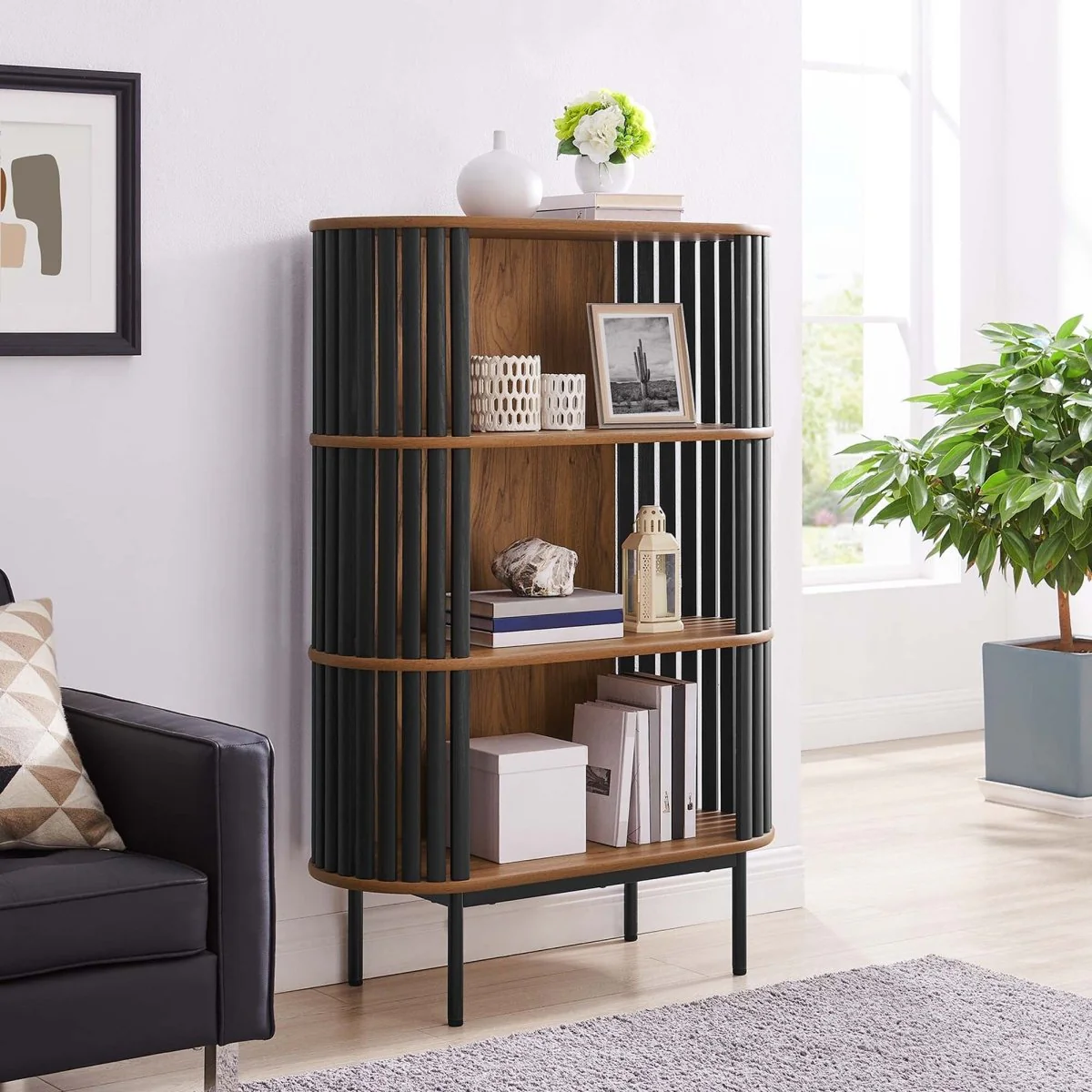 35.5" Three-Tier Display Cabinet Bookshelf with Timber Style Strips - Image 14