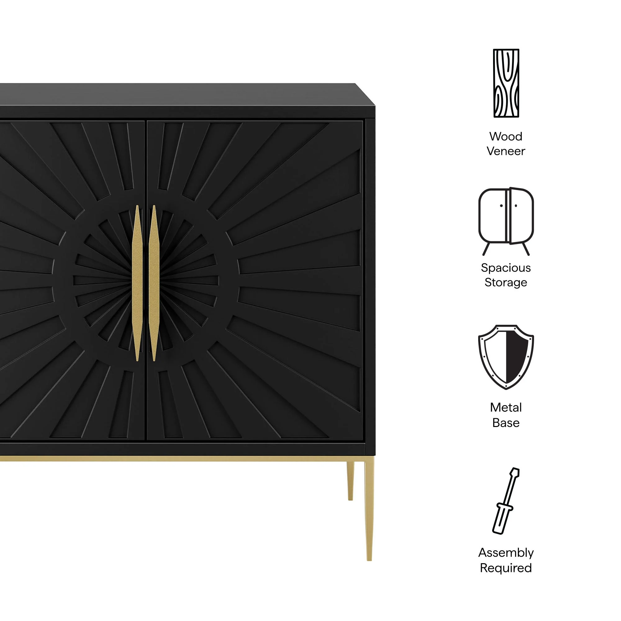 35 Inch Sunburst Design Wood Veneer Accent Cabinet with Gold Metal Base - Image 2