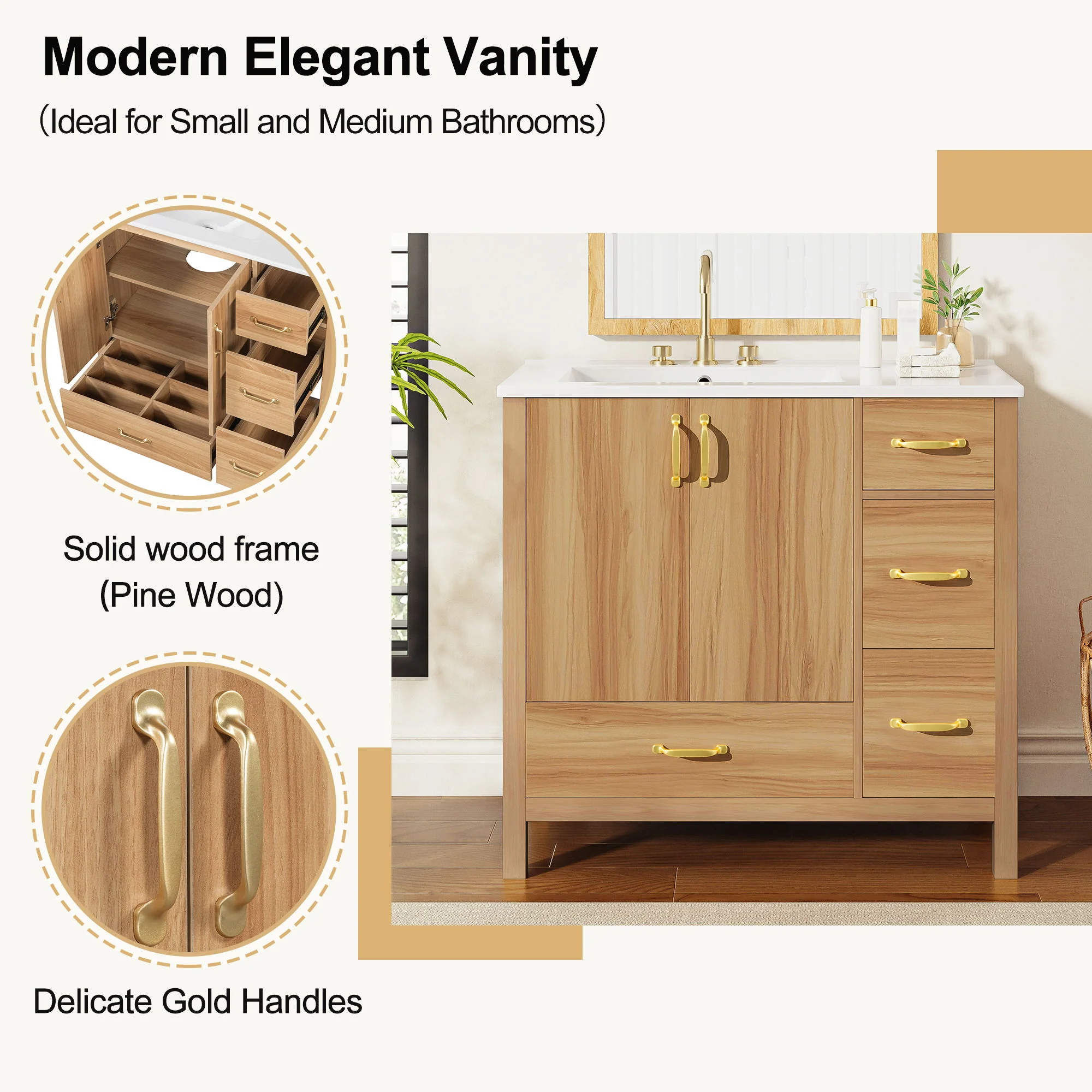 36" Bathroom Vanity, 2 Soft Close Doors, 4 Soft Close Drawers, Adjustable Shelf, Storage Cabinet - Acacia Wood - Image 3