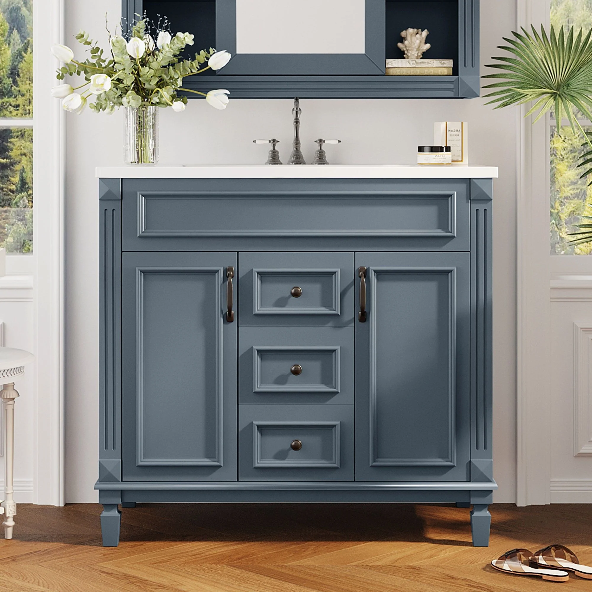 36" Bathroom Vanity With Top Sink, Basin On Cabinet With 2 Soft Closing Doors And 2 Drawers - Blue - Image 5
