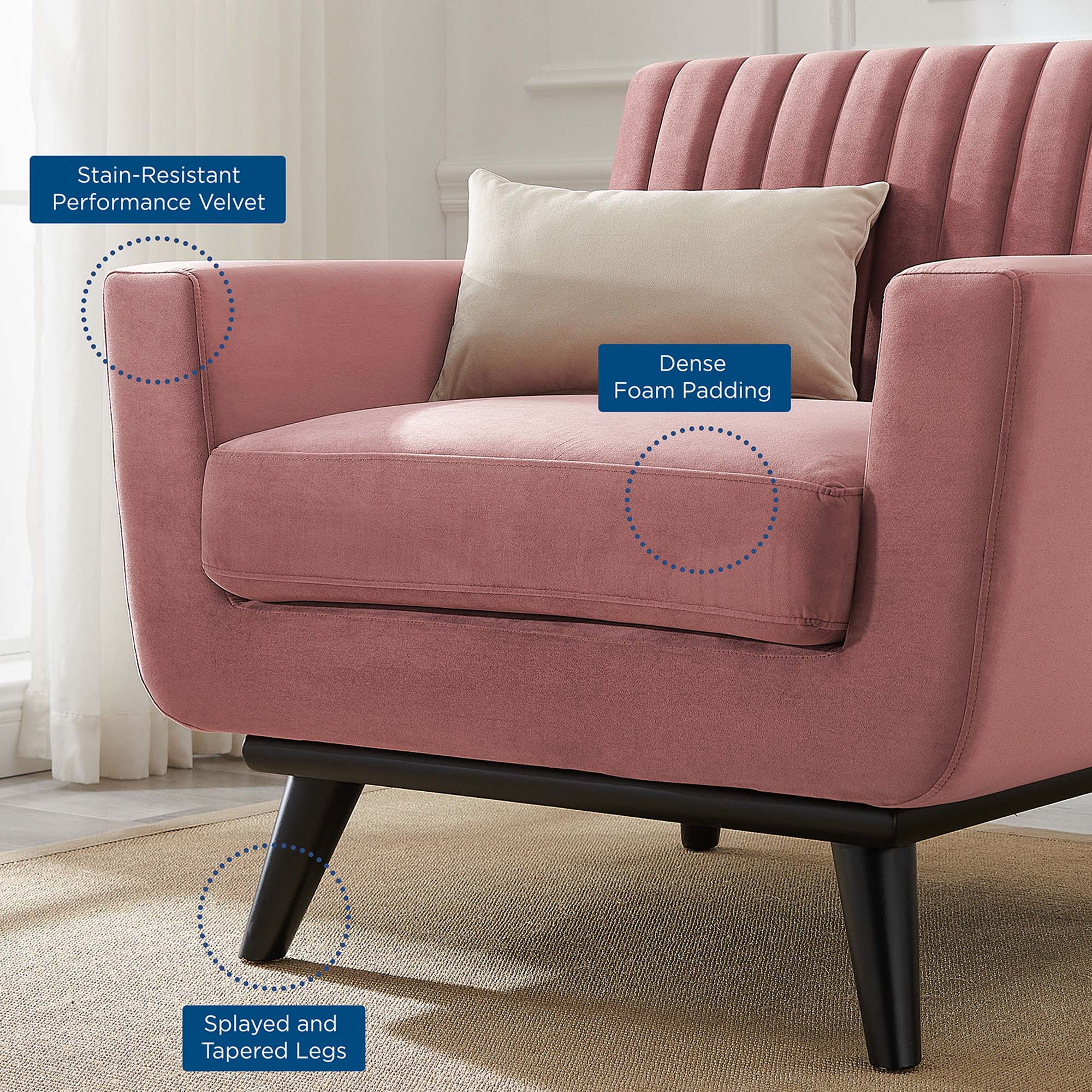 36 Inch Channel Tufted Performance Velvet Armchair - Image 3