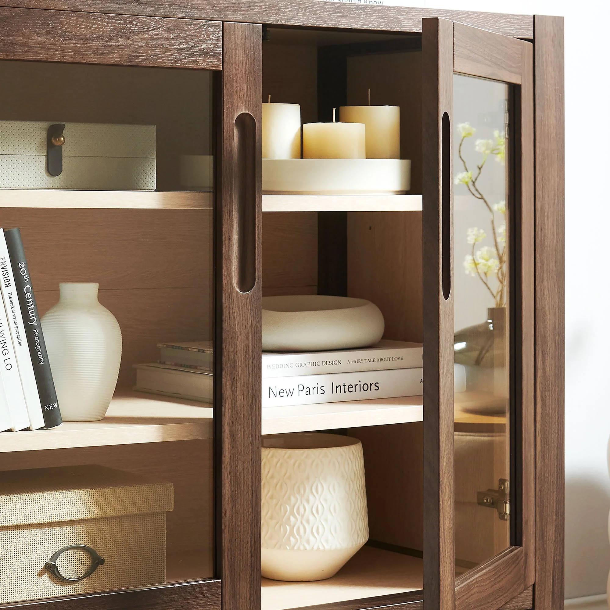 36 Inch Mid-Century Modern Glass Door Accent Cabinet in Walnut - Image 4