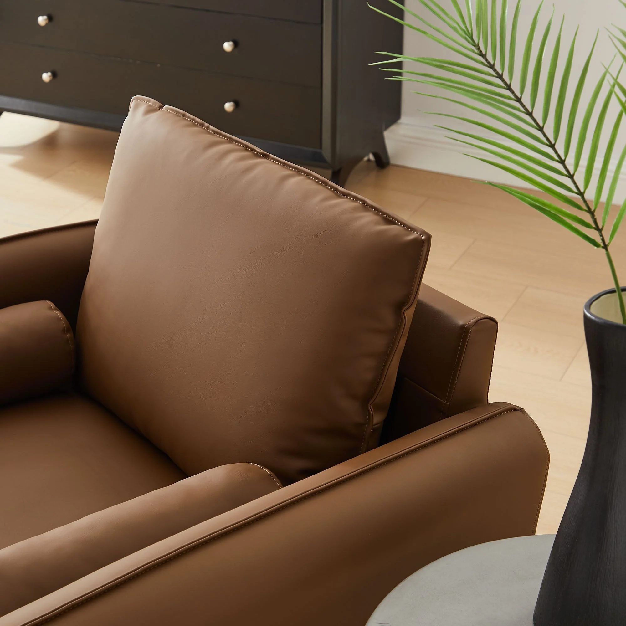 36 Inch Mid-Century Modern Vegan Leather Accent Armchair with Bolster Pillows and Splayed Wood Legs - Image 4