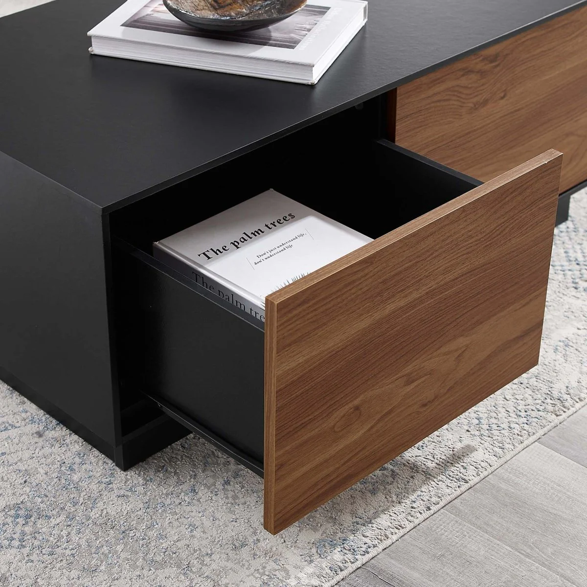 36 Inch Modern Plinth Base Coffee Table with Push-to-Open Drawers in Black Walnut - Image 4