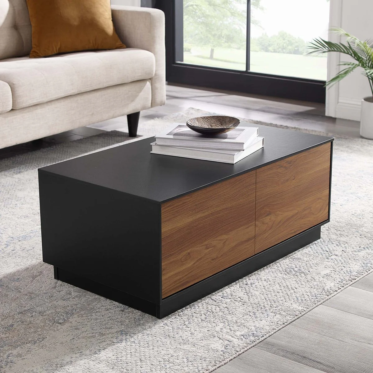 36 Inch Modern Plinth Base Coffee Table with Push-to-Open Drawers in Black Walnut - Image 7