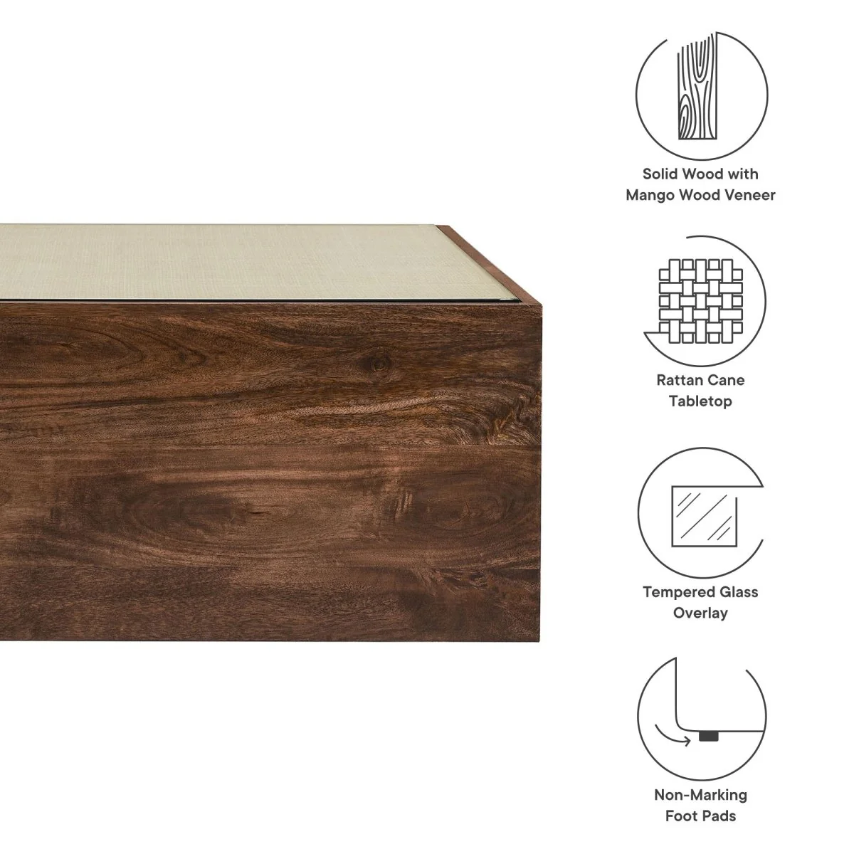 36 Inch Square Wood and Rattan Coffee Table with Glass Top in Walnut - Image 2